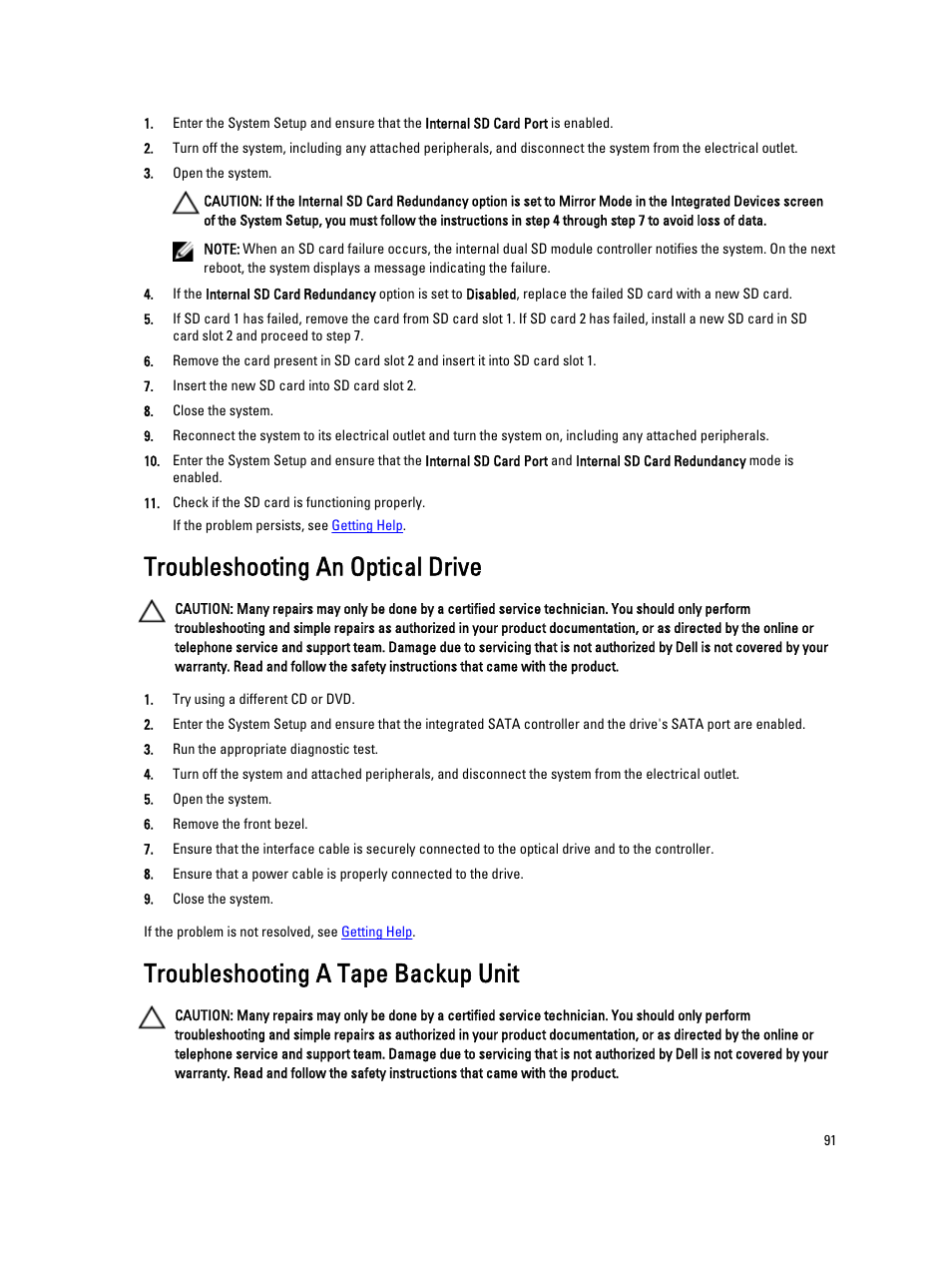Troubleshooting an optical drive, Troubleshooting a tape backup unit | Dell Powervault NX400 User Manual | Page 91 / 123