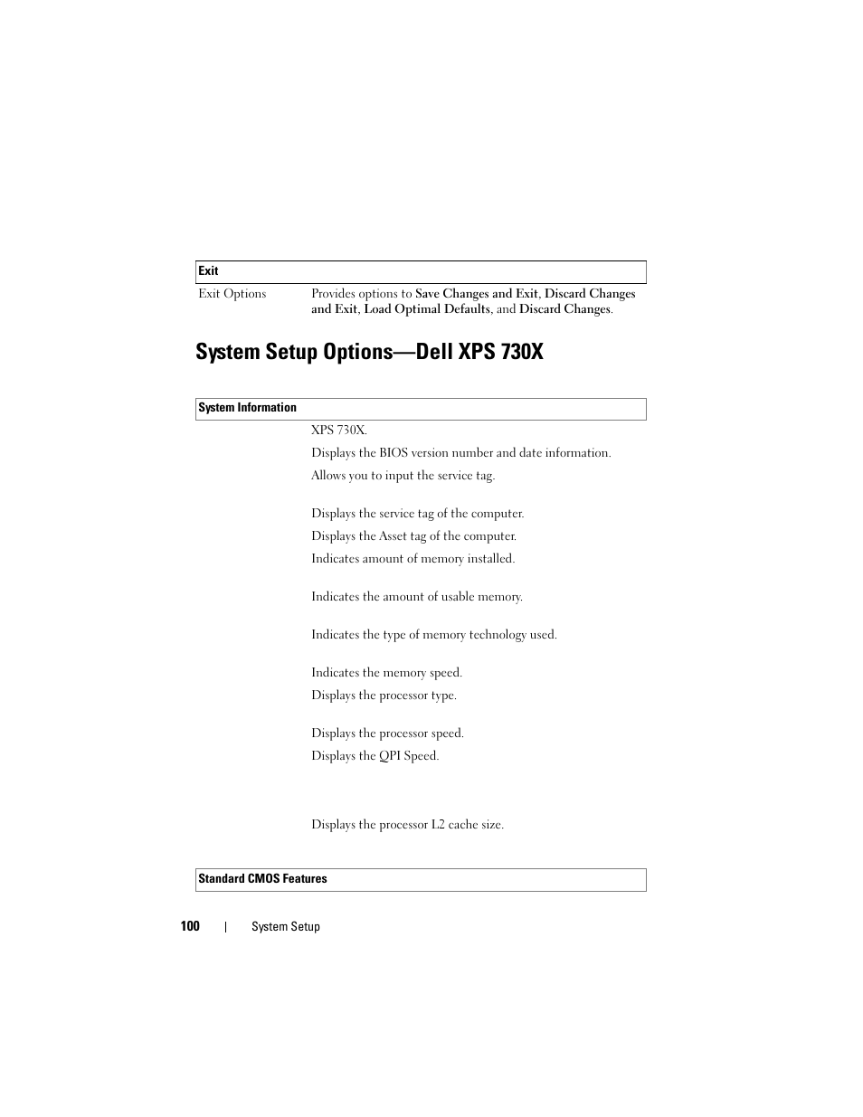 System setup options-dell xps 730x, System setup options—dell xps 730x | Dell XPS 730 (Late 2008) User Manual | Page 100 / 110