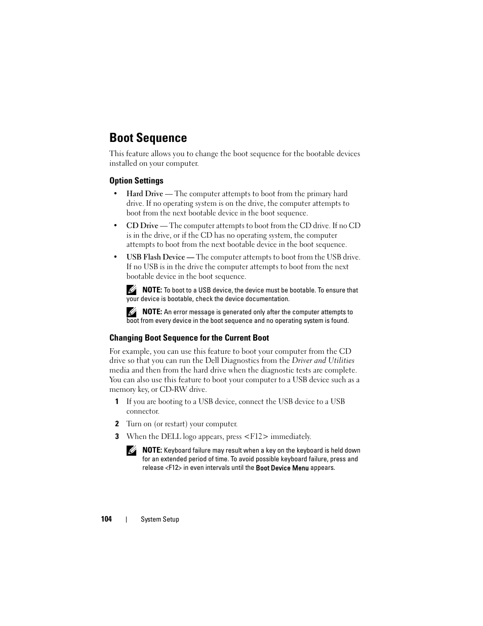 Boot sequence, Option settings, Changing boot sequence for the current boot | Changing boot sequence for the, Current boot | Dell XPS 730 (Late 2008) User Manual | Page 104 / 110
