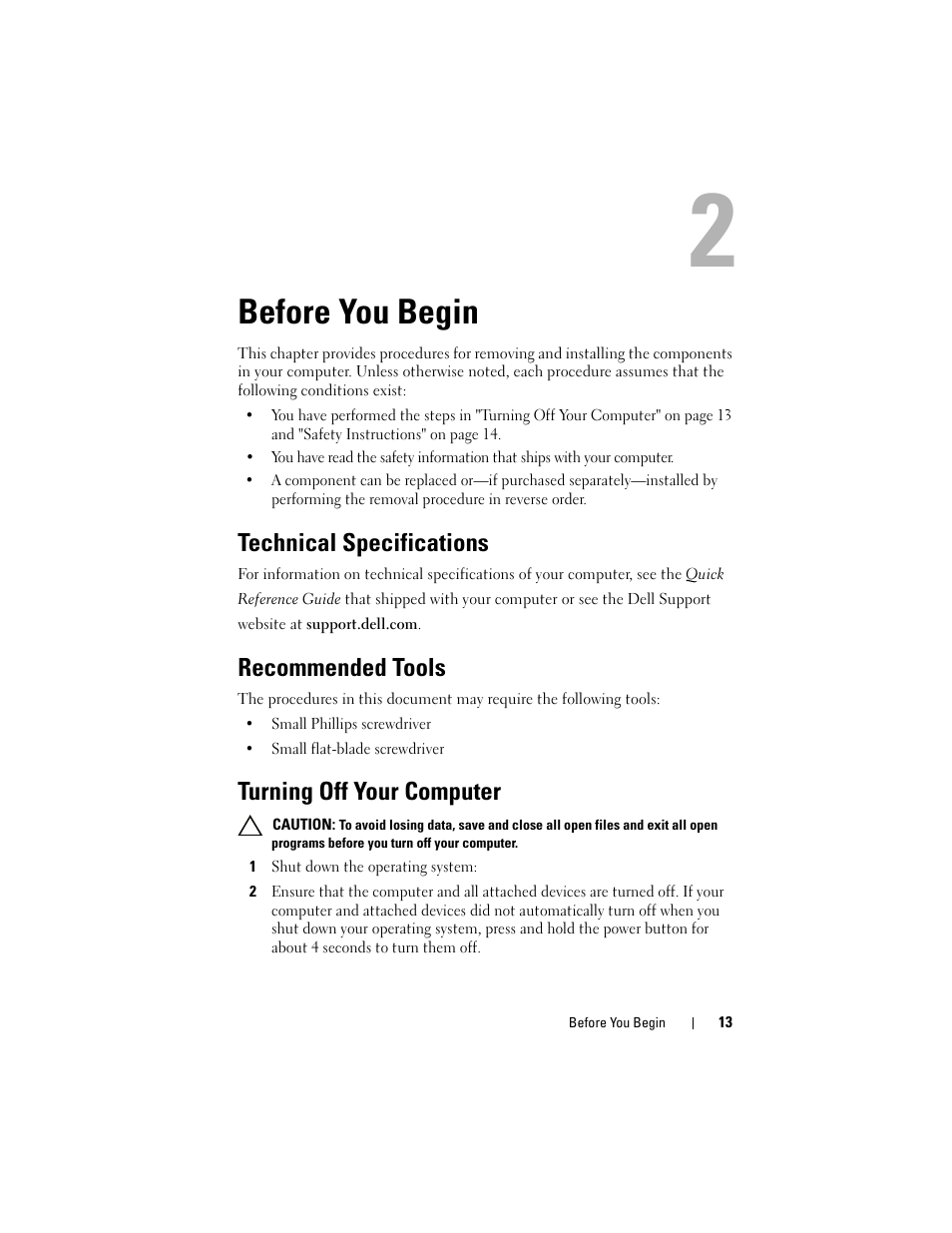 Before you begin, Technical specifications, Recommended tools | Turning off your computer | Dell XPS 730 (Late 2008) User Manual | Page 15 / 110