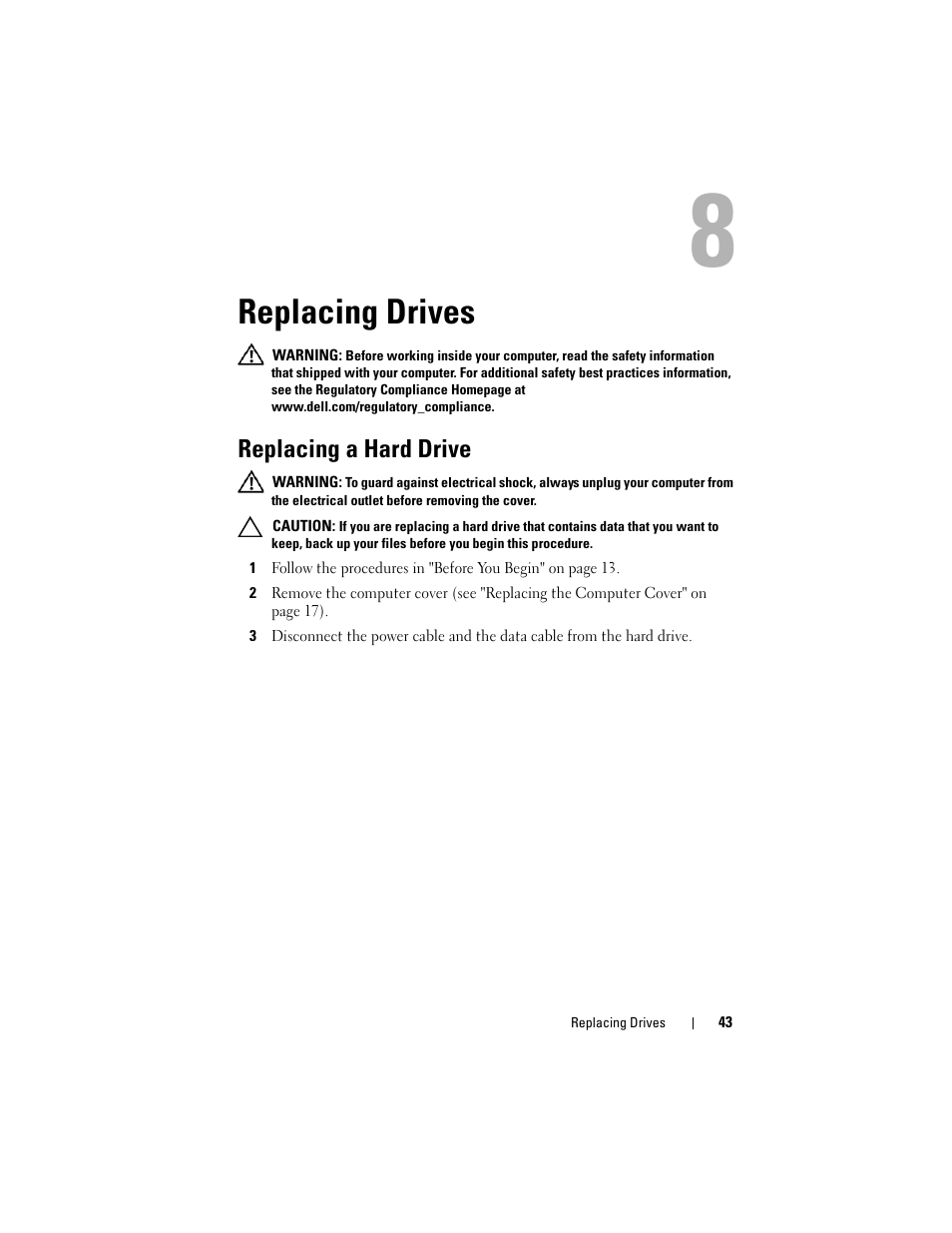 Replacing drives, Replacing a hard drive | Dell XPS 730 (Late 2008) User Manual | Page 45 / 110