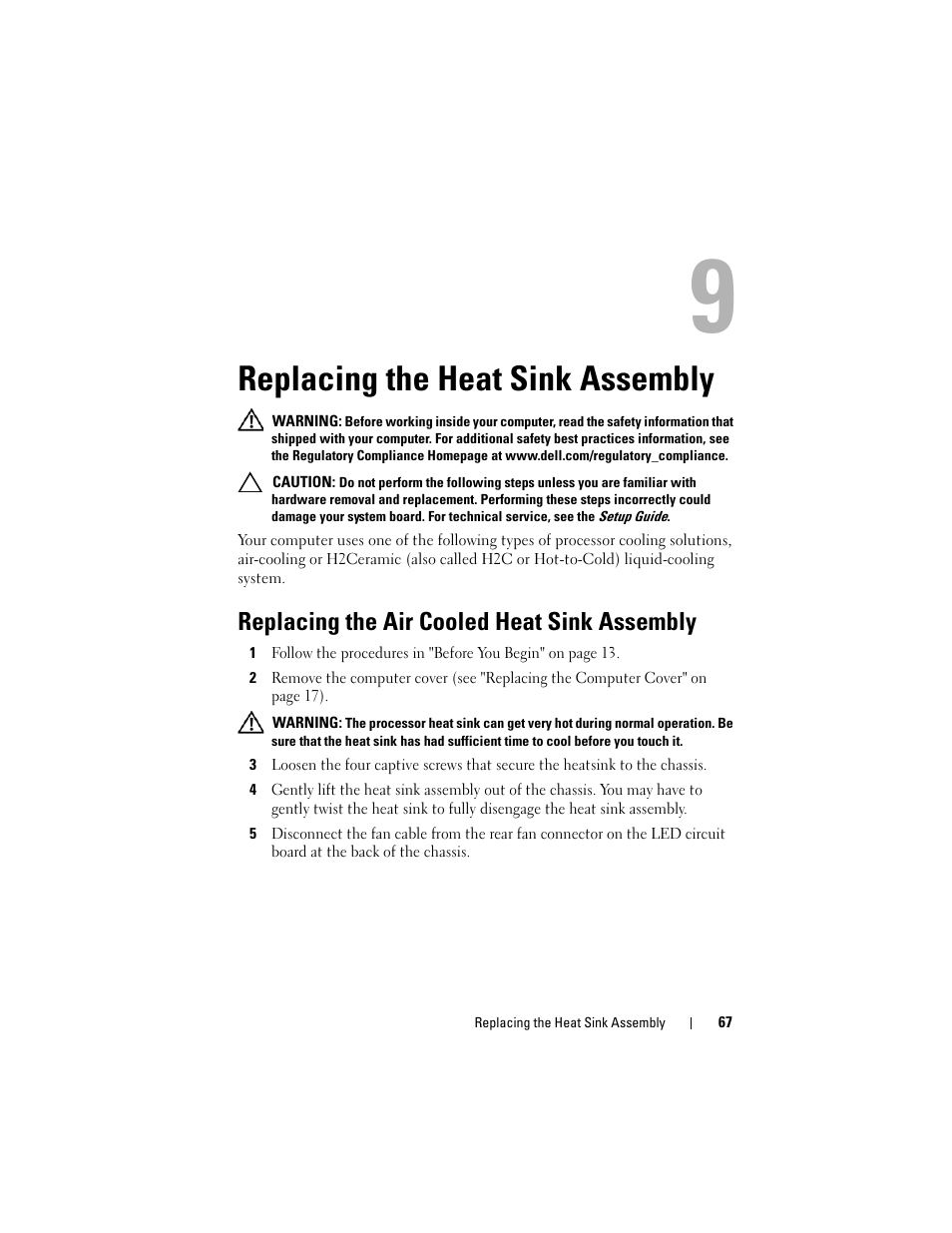 Replacing the heat sink assembly, Replacing the air cooled heat sink assembly | Dell XPS 730 (Late 2008) User Manual | Page 69 / 110