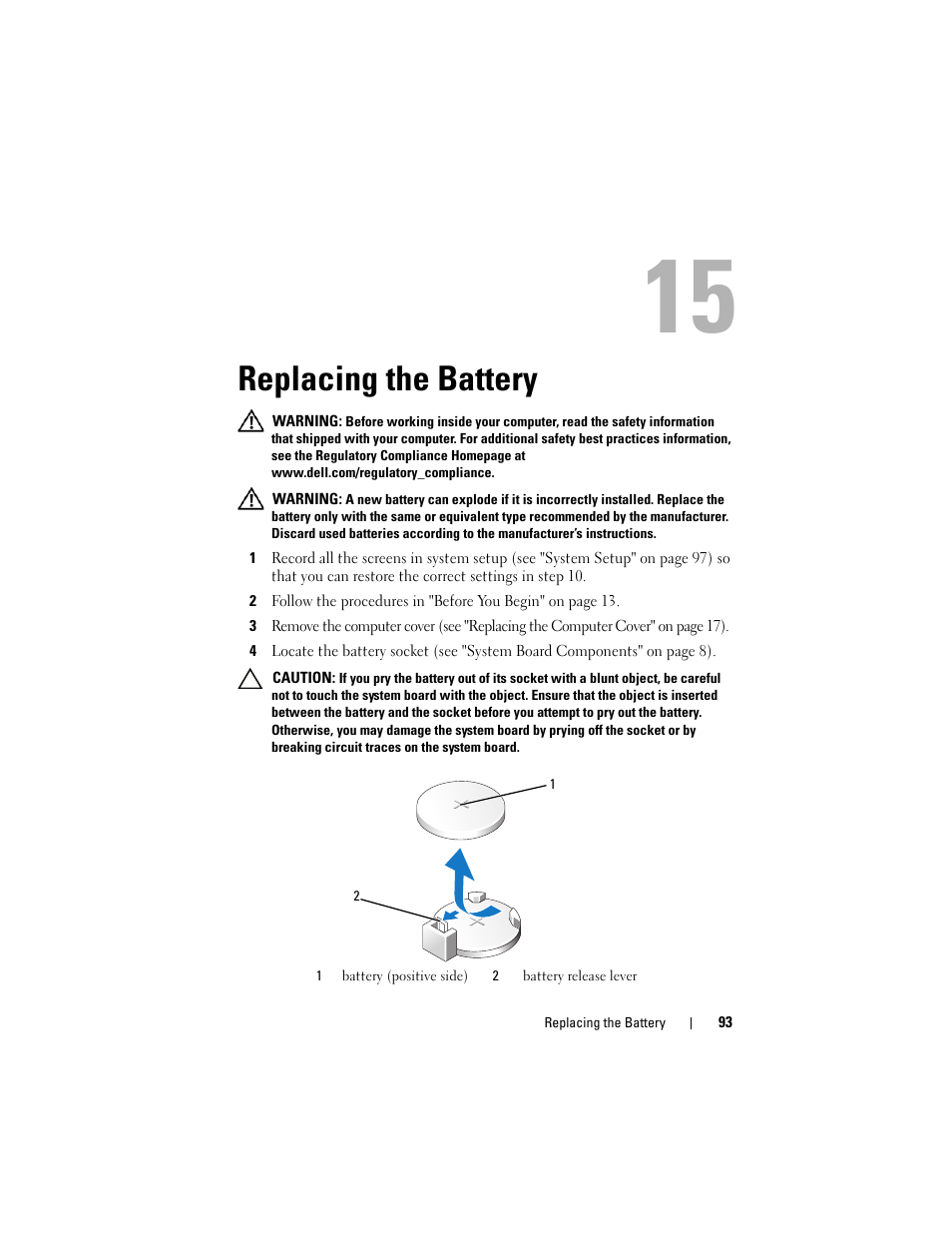 Replacing the battery | Dell XPS 730 (Late 2008) User Manual | Page 95 / 110