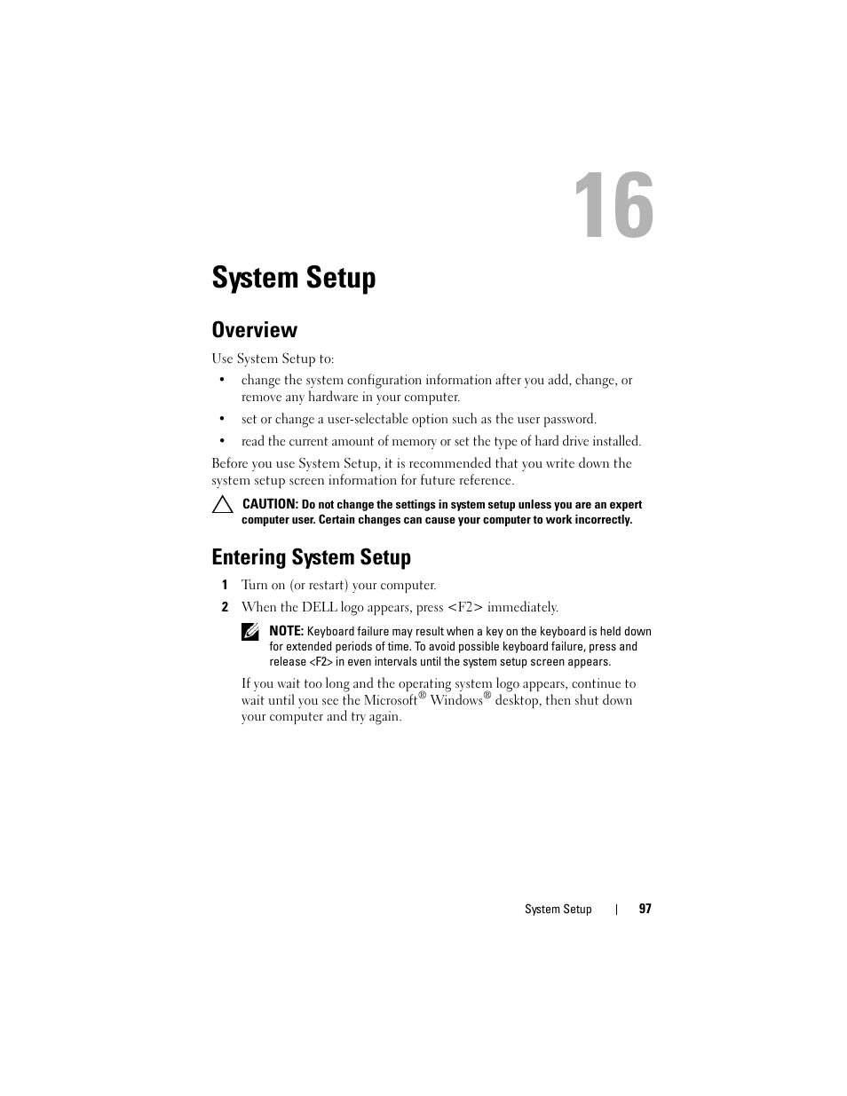 System setup, Overview, Entering system setup | Dell XPS 730 (Late 2008) User Manual | Page 97 / 110