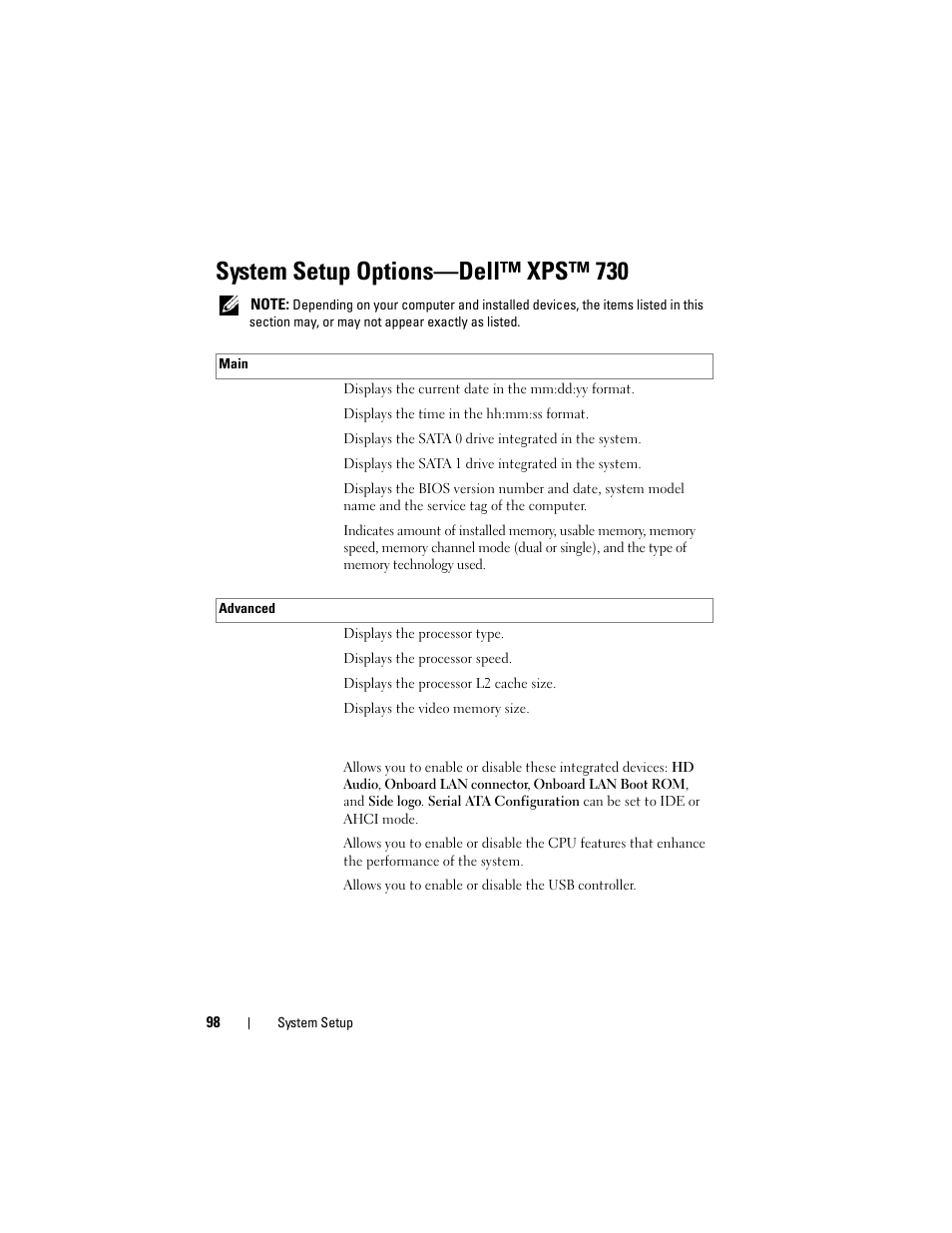 System setup options-dell™ xps™ 730, System setup options—dell™ xps™ 730 | Dell XPS 730 (Late 2008) User Manual | Page 98 / 110