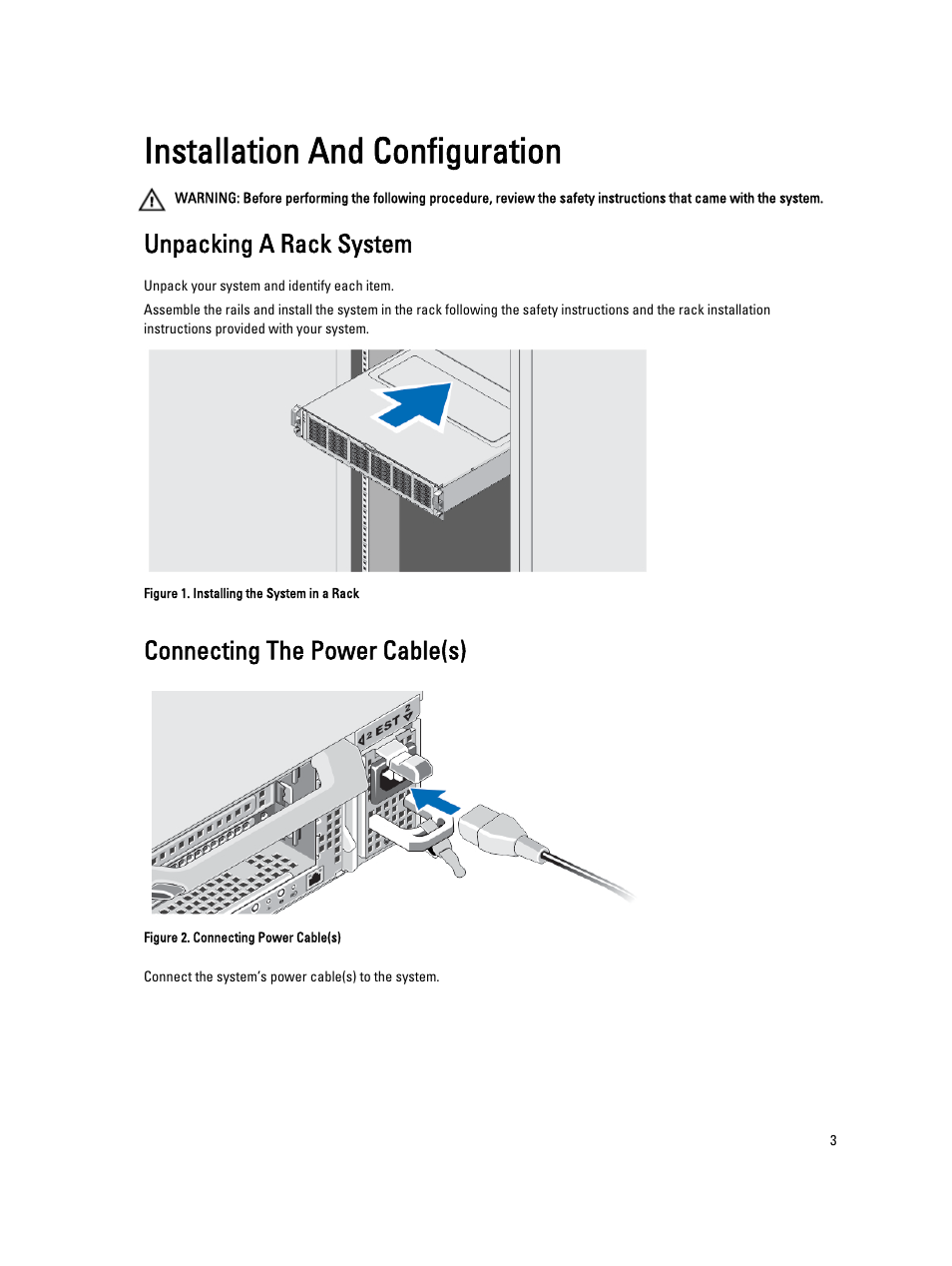 Installation and configuration, Unpacking a rack system, Connecting the power cable(s) | Dell PowerVault NX3600 User Manual | Page 3 / 7