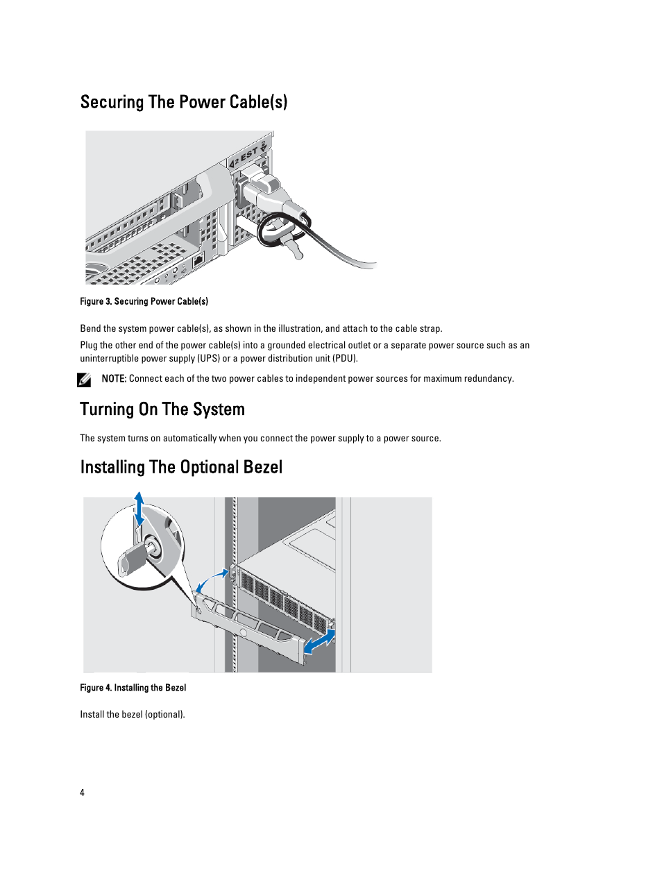 Securing the power cable(s), Turning on the system, Installing the optional bezel | Dell PowerVault NX3600 User Manual | Page 4 / 7