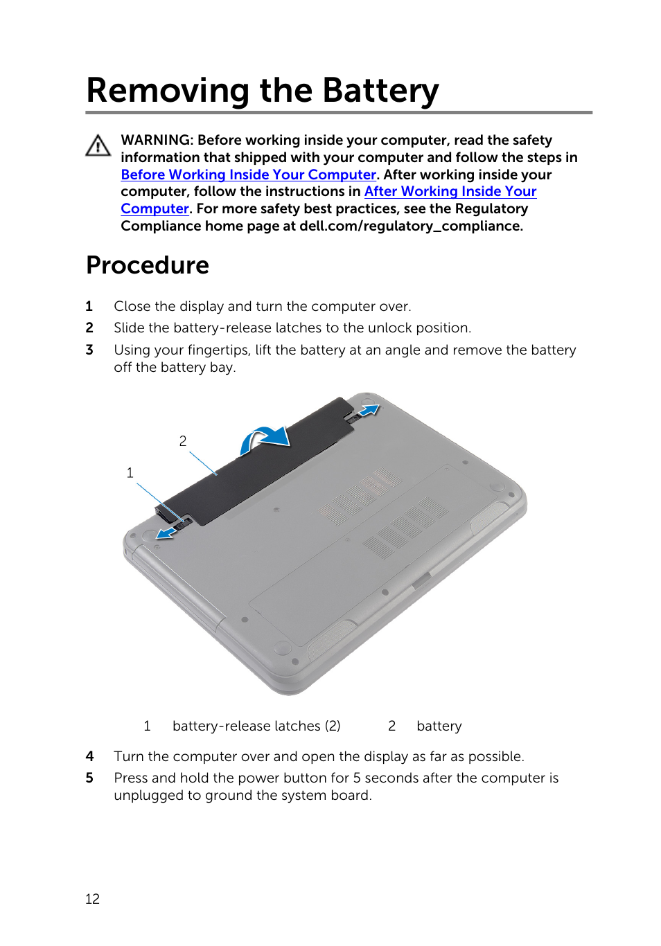 Removing the battery, Procedure | Dell Inspiron 15 (3531, Mid 2014) User Manual | Page 12 / 83