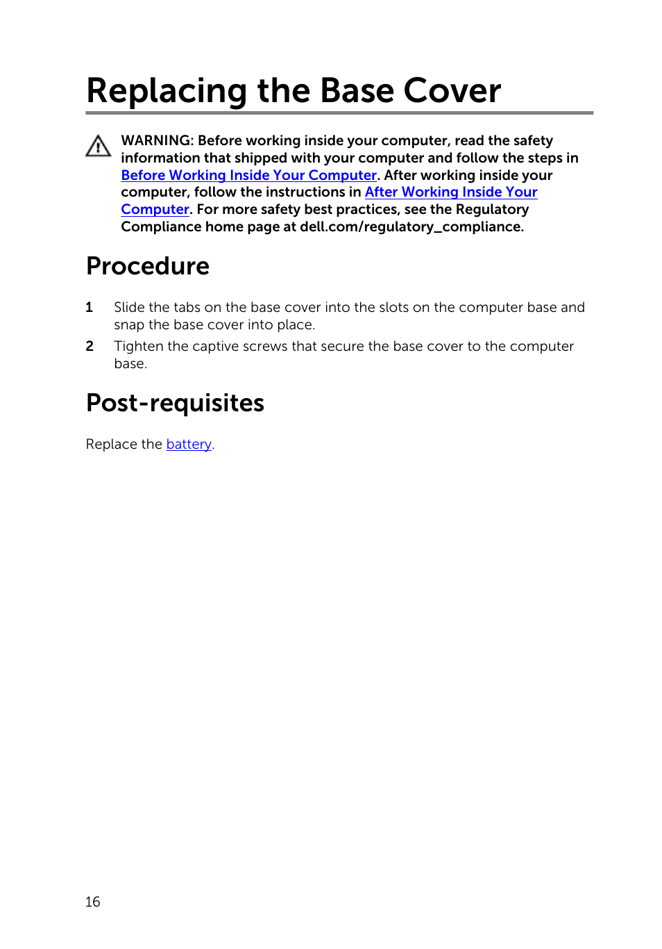 Replacing the base cover, Procedure, Post-requisites | Dell Inspiron 15 (3531, Mid 2014) User Manual | Page 16 / 83