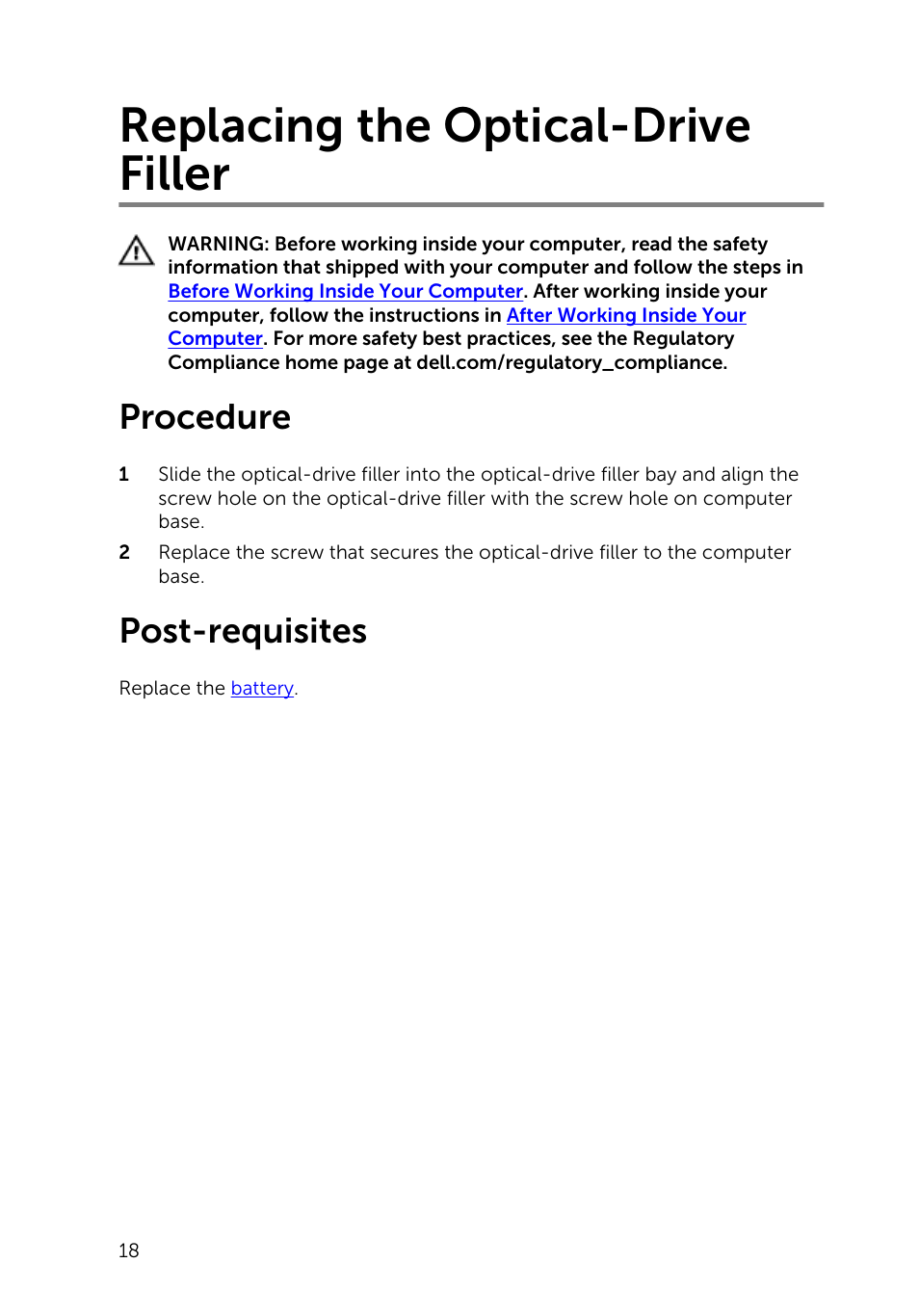 Replacing the optical-drive filler, Procedure, Post-requisites | Dell Inspiron 15 (3531, Mid 2014) User Manual | Page 18 / 83