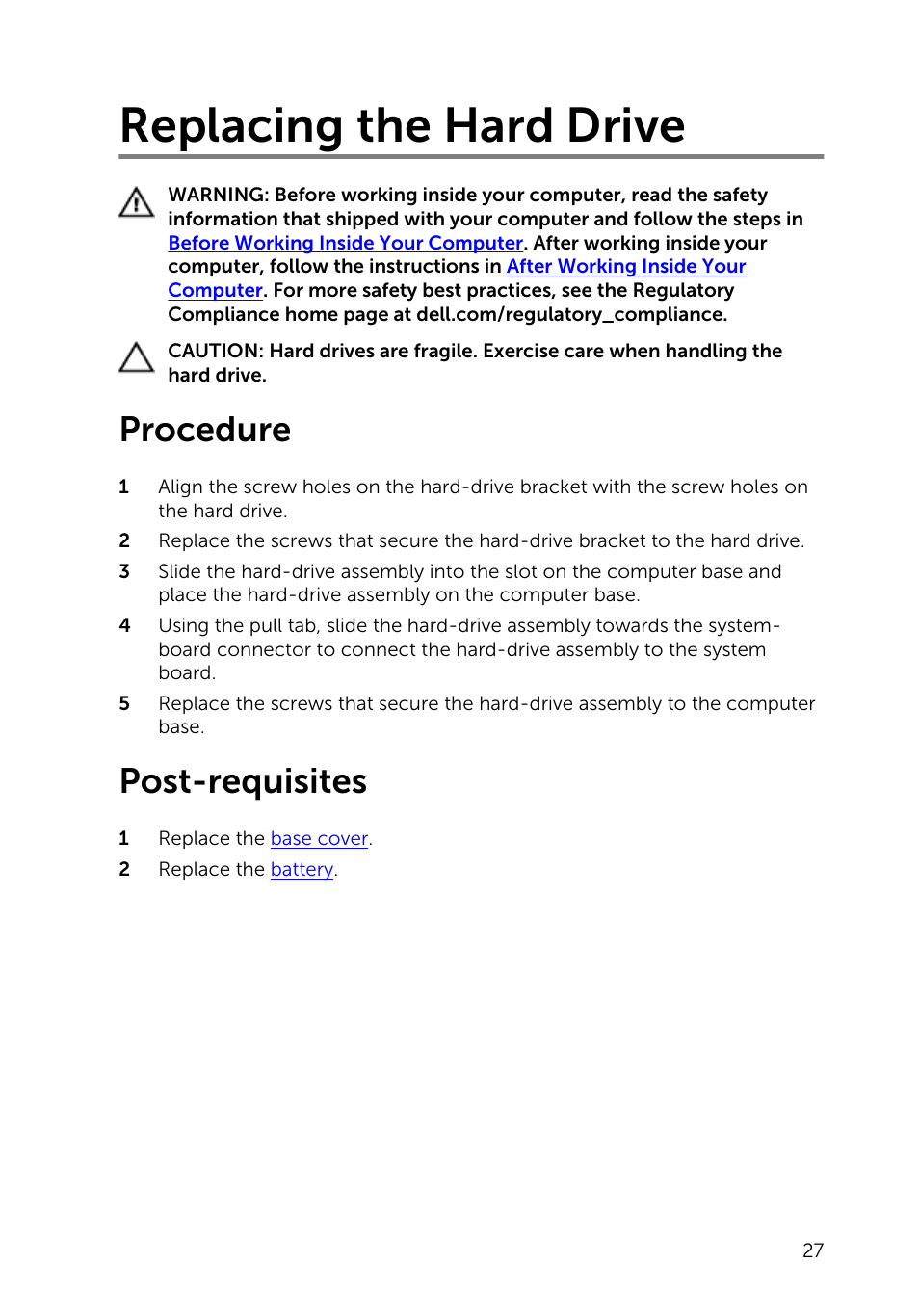 Replacing the hard drive, Procedure, Post-requisites | Dell Inspiron 15 (3531, Mid 2014) User Manual | Page 27 / 83