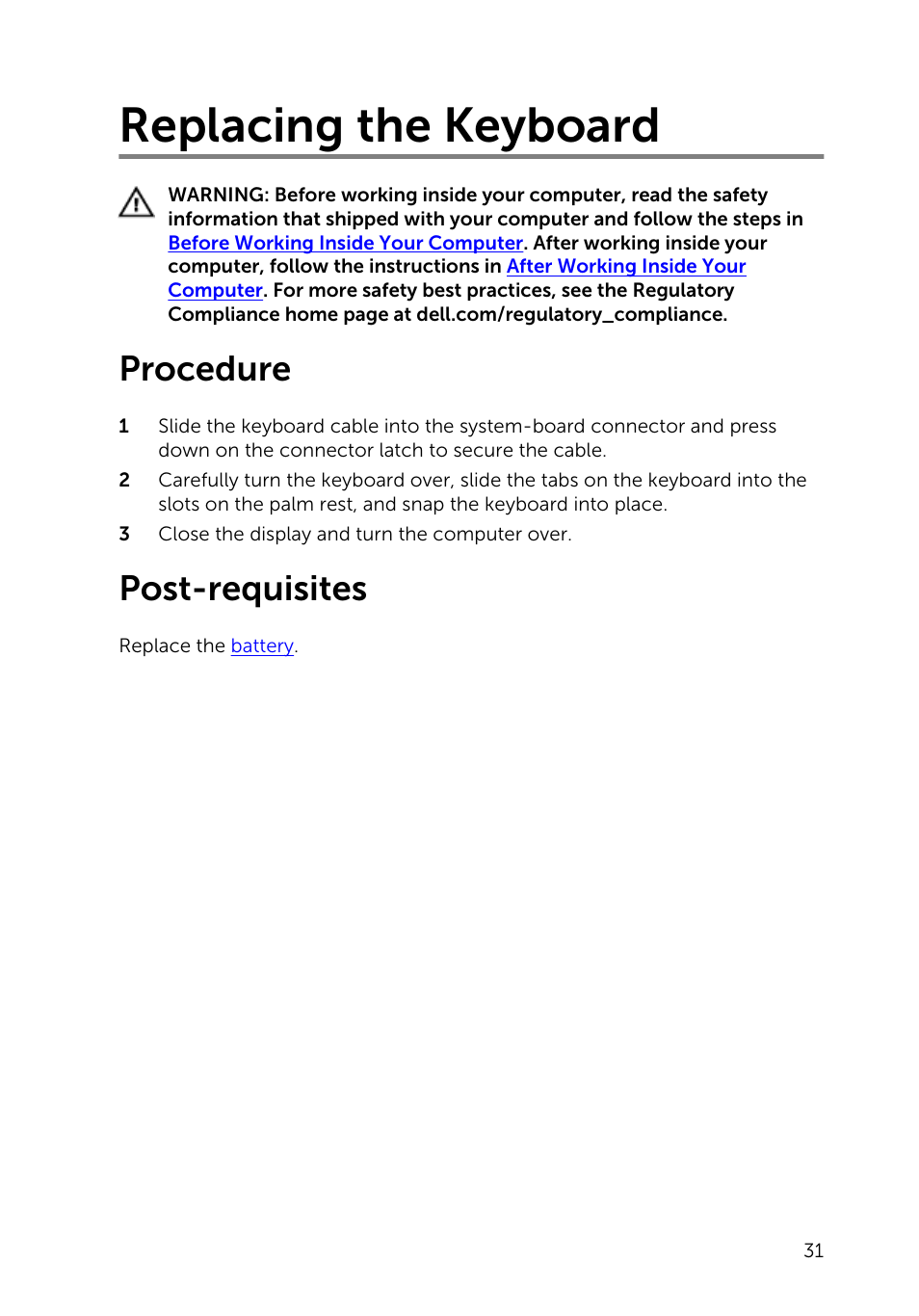 Replacing the keyboard, Procedure, Post-requisites | Dell Inspiron 15 (3531, Mid 2014) User Manual | Page 31 / 83