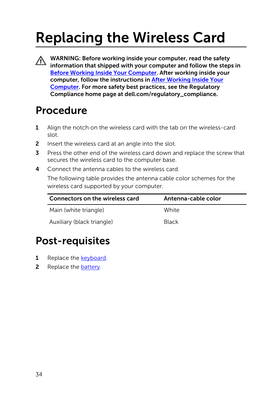 Replacing the wireless card, Procedure, Post-requisites | Dell Inspiron 15 (3531, Mid 2014) User Manual | Page 34 / 83