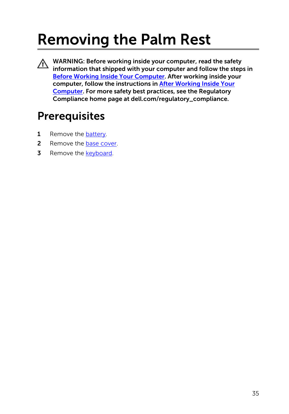 Removing the palm rest, Prerequisites | Dell Inspiron 15 (3531, Mid 2014) User Manual | Page 35 / 83