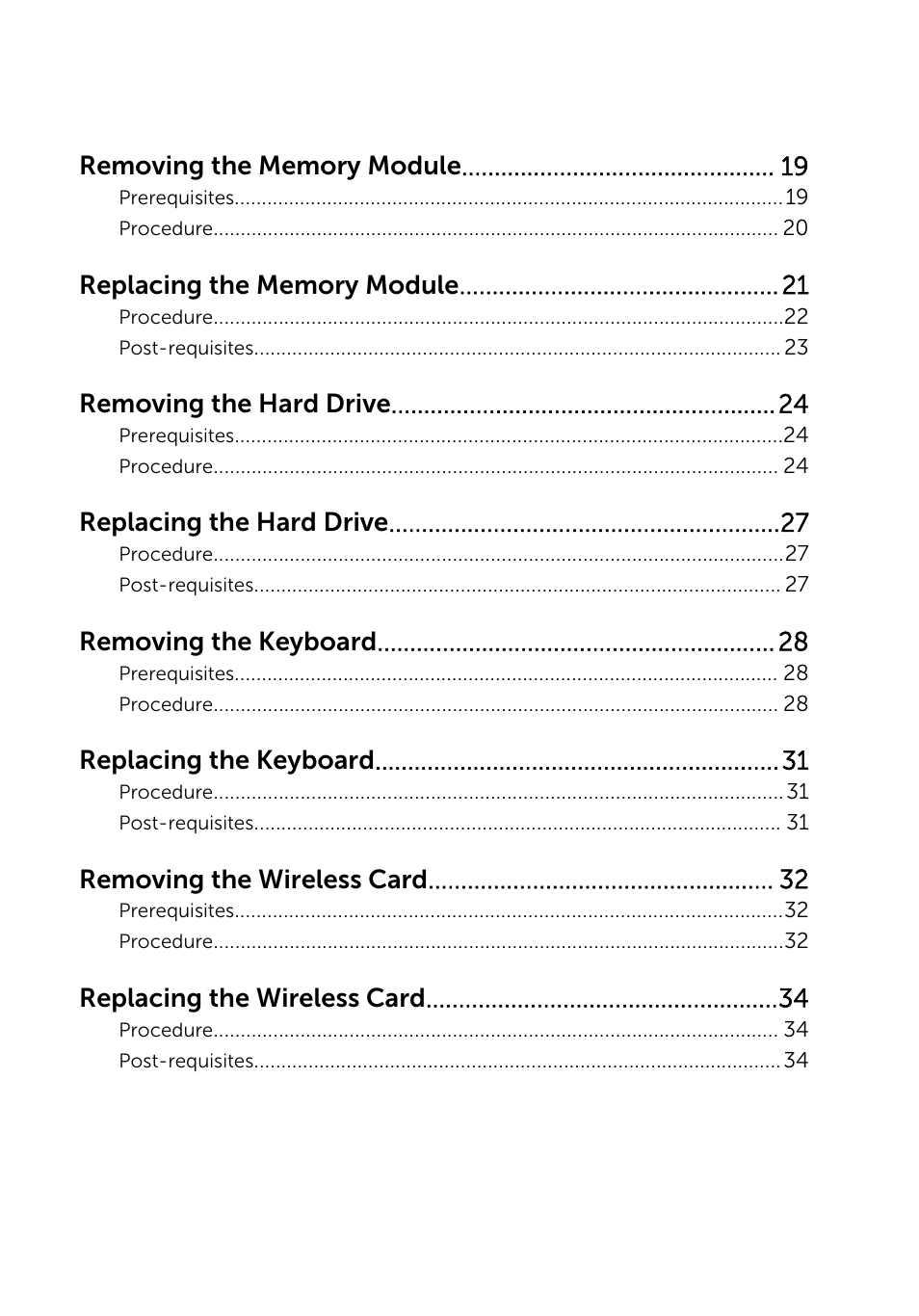 Removing the hard drive, Replacing the hard drive, Removing the keyboard | Replacing the keyboard, Removing the wireless card, Replacing the wireless card | Dell Inspiron 15 (3531, Mid 2014) User Manual | Page 4 / 83