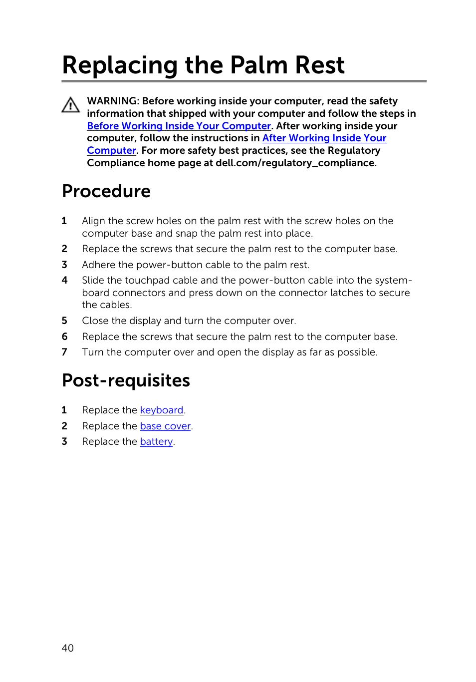Replacing the palm rest, Procedure, Post-requisites | Dell Inspiron 15 (3531, Mid 2014) User Manual | Page 40 / 83