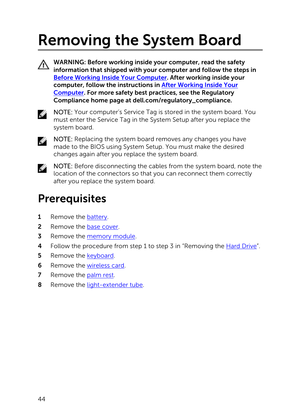 Removing the system board, Prerequisites | Dell Inspiron 15 (3531, Mid 2014) User Manual | Page 44 / 83