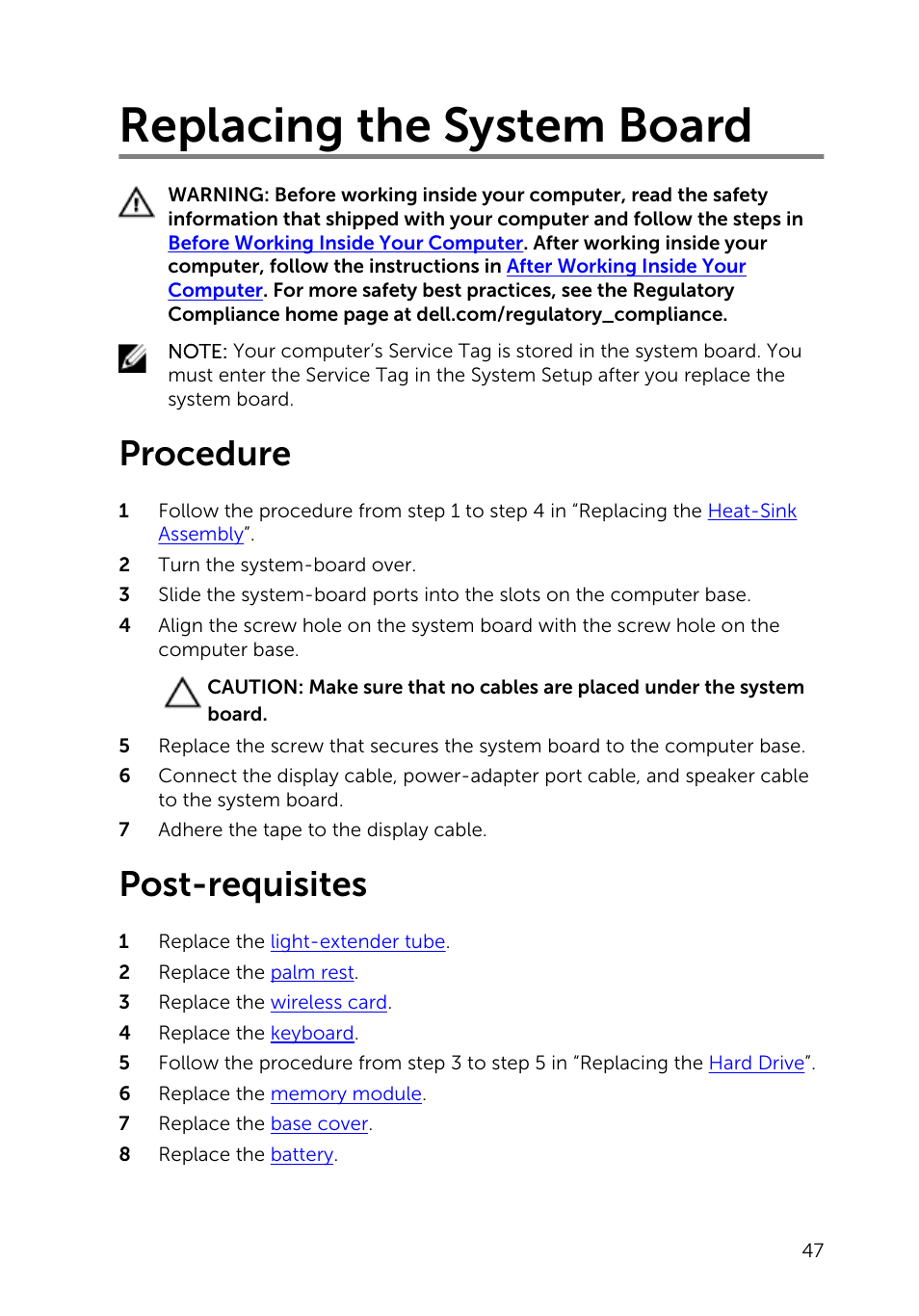 Replacing the system board, Procedure, Post-requisites | Dell Inspiron 15 (3531, Mid 2014) User Manual | Page 47 / 83