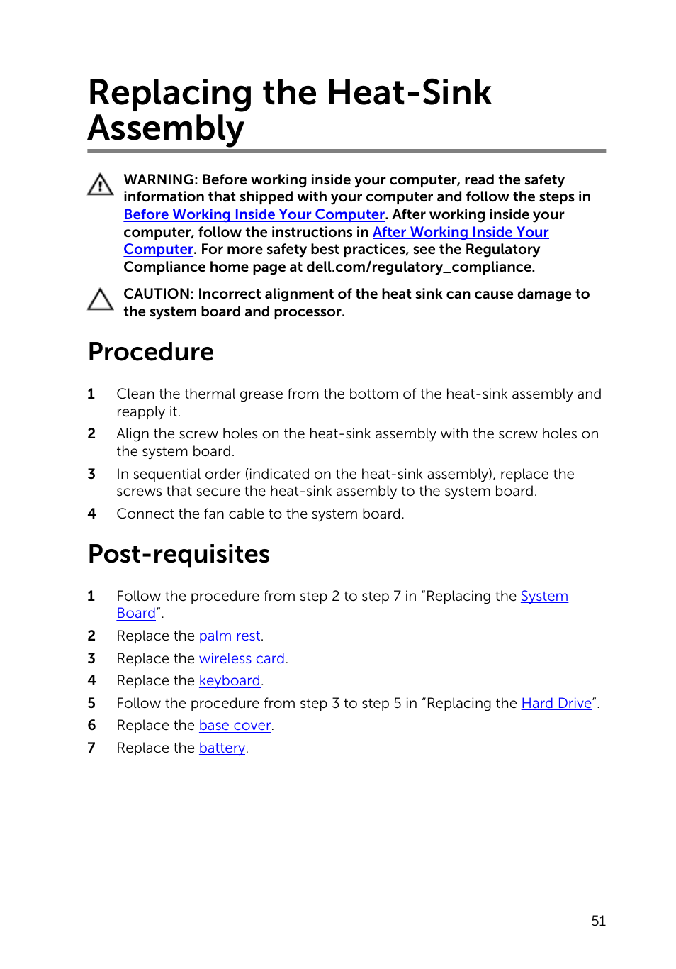 Replacing the heat-sink assembly, Procedure, Post-requisites | Heat-sink, Assembly | Dell Inspiron 15 (3531, Mid 2014) User Manual | Page 51 / 83
