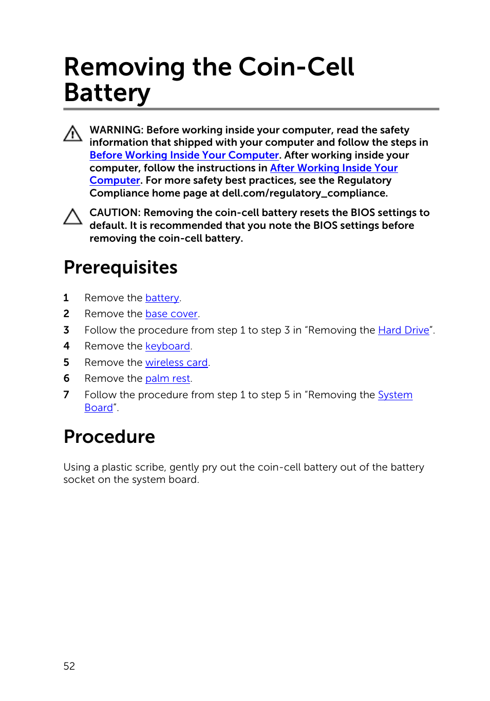 Removing the coin-cell battery, Prerequisites, Procedure | Dell Inspiron 15 (3531, Mid 2014) User Manual | Page 52 / 83