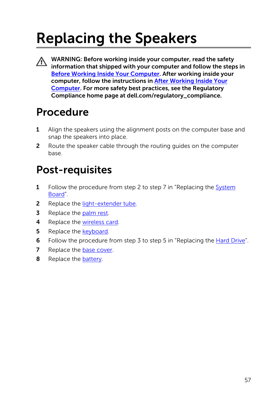 Replacing the speakers, Procedure, Post-requisites | Dell Inspiron 15 (3531, Mid 2014) User Manual | Page 57 / 83