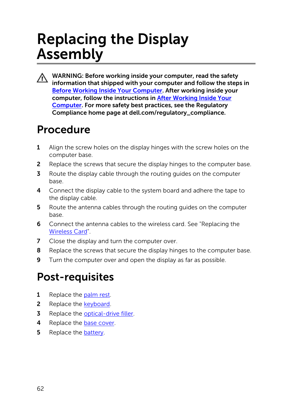 Replacing the display assembly, Procedure, Post-requisites | Dell Inspiron 15 (3531, Mid 2014) User Manual | Page 62 / 83