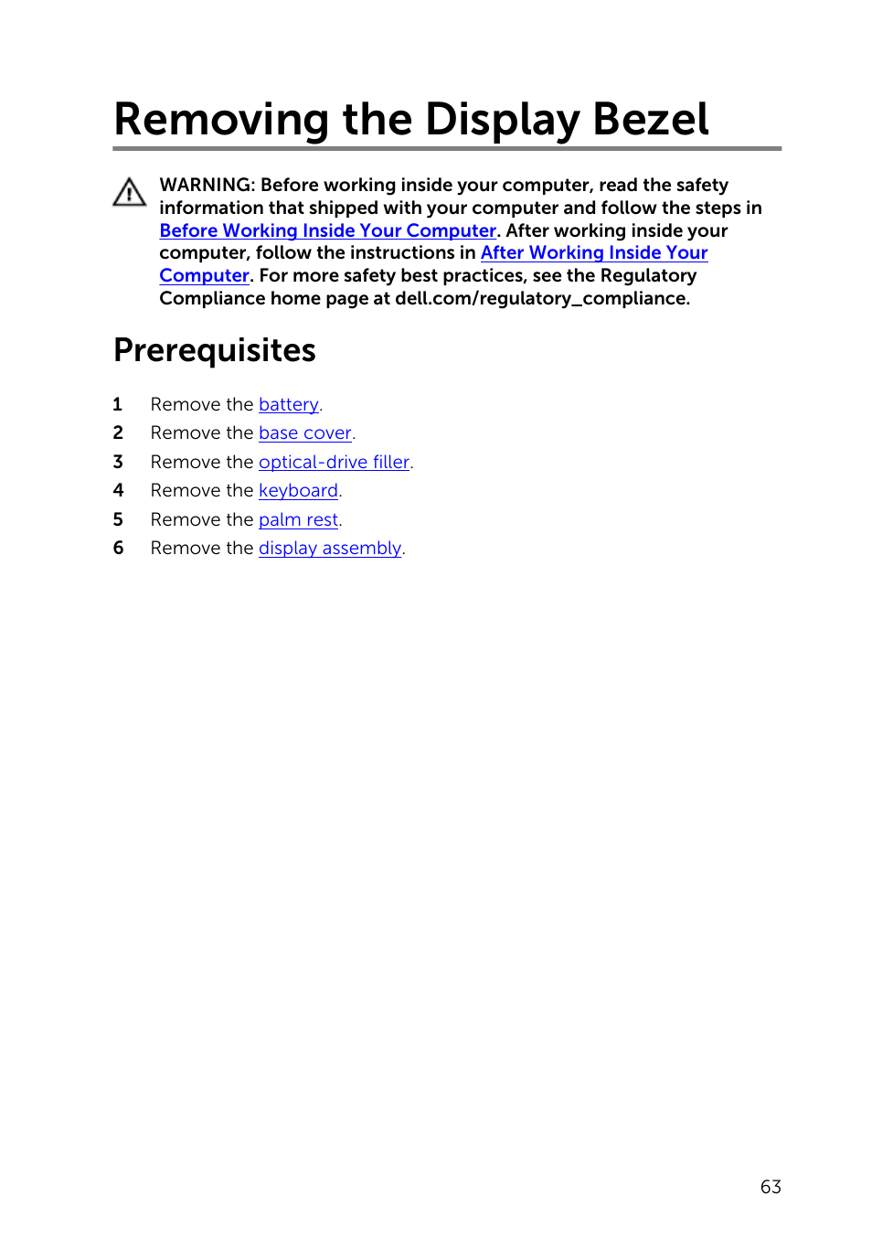 Removing the display bezel, Prerequisites | Dell Inspiron 15 (3531, Mid 2014) User Manual | Page 63 / 83