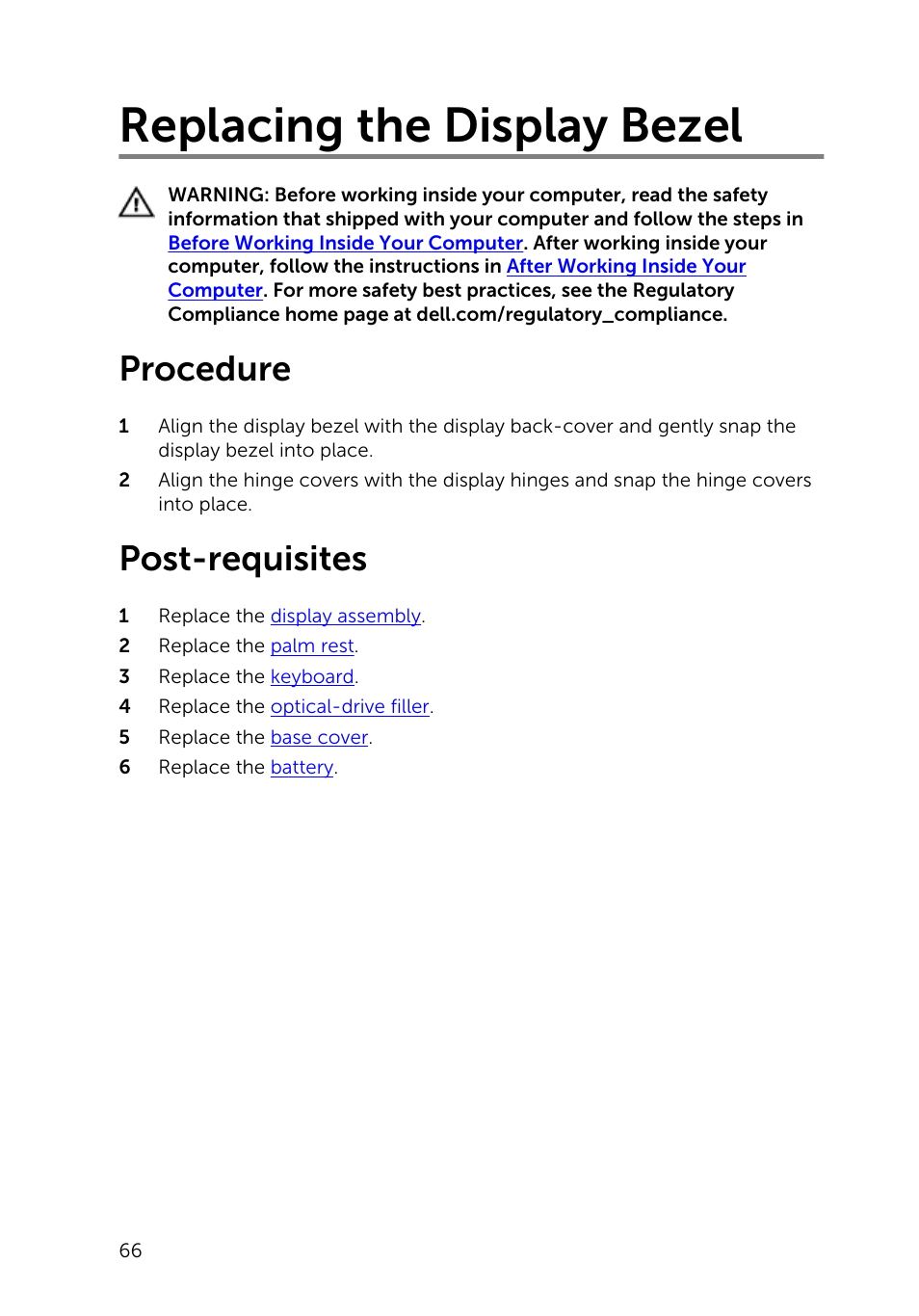 Replacing the display bezel, Procedure, Post-requisites | Dell Inspiron 15 (3531, Mid 2014) User Manual | Page 66 / 83