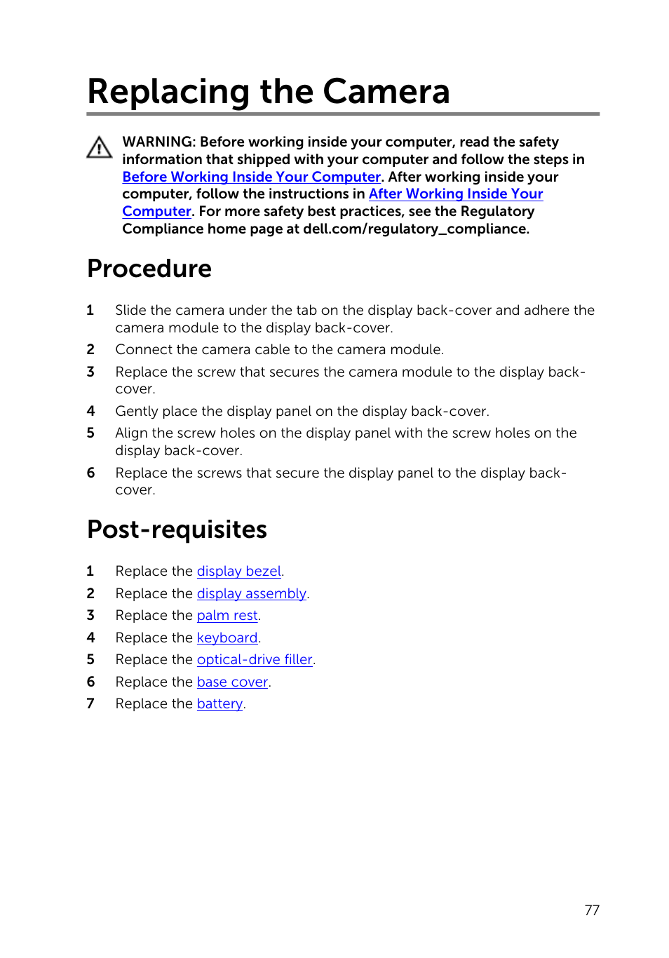 Replacing the camera, Procedure, Post-requisites | Dell Inspiron 15 (3531, Mid 2014) User Manual | Page 77 / 83