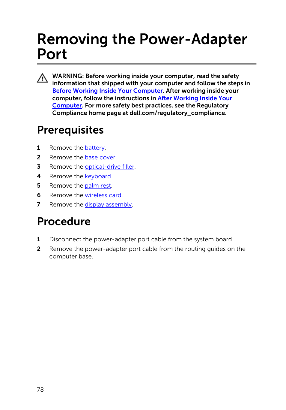 Removing the power-adapter port, Prerequisites, Procedure | Dell Inspiron 15 (3531, Mid 2014) User Manual | Page 78 / 83