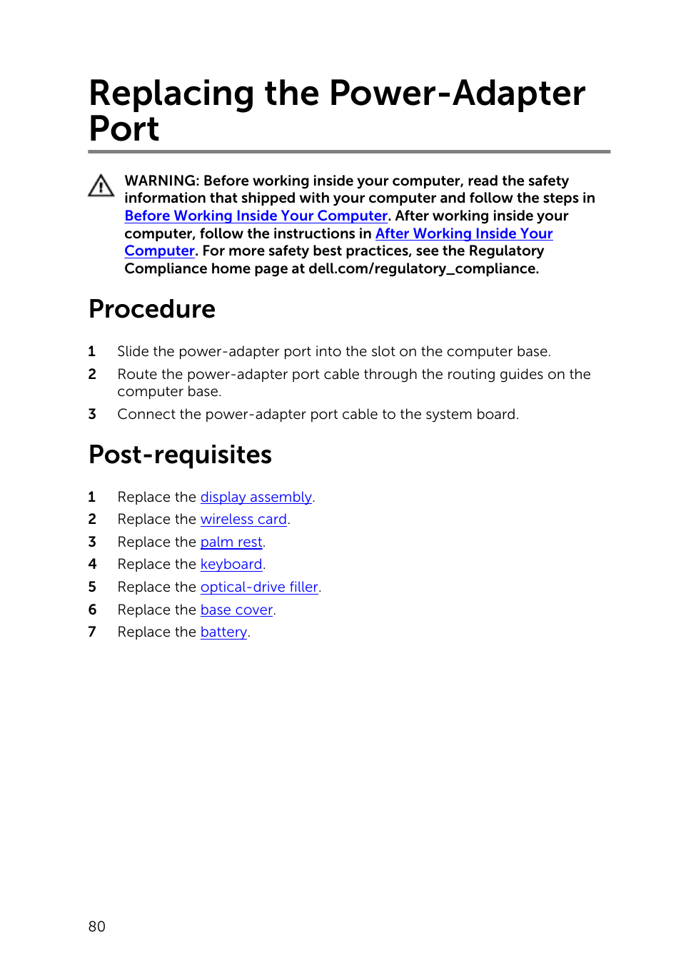 Replacing the power-adapter port, Procedure, Post-requisites | Dell Inspiron 15 (3531, Mid 2014) User Manual | Page 80 / 83