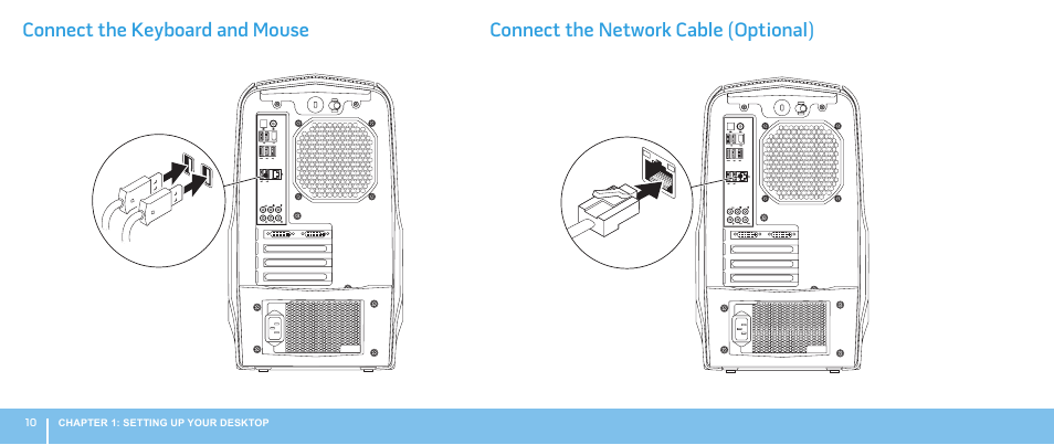 Connect the keyboard and mouse, Connect the network cable (optional) | Dell Alienware Aurora (Late 2009) User Manual | Page 10 / 68