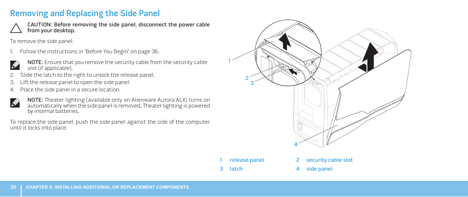 Removing and replacing the side panel | Dell Alienware Aurora (Late 2009) User Manual | Page 38 / 68