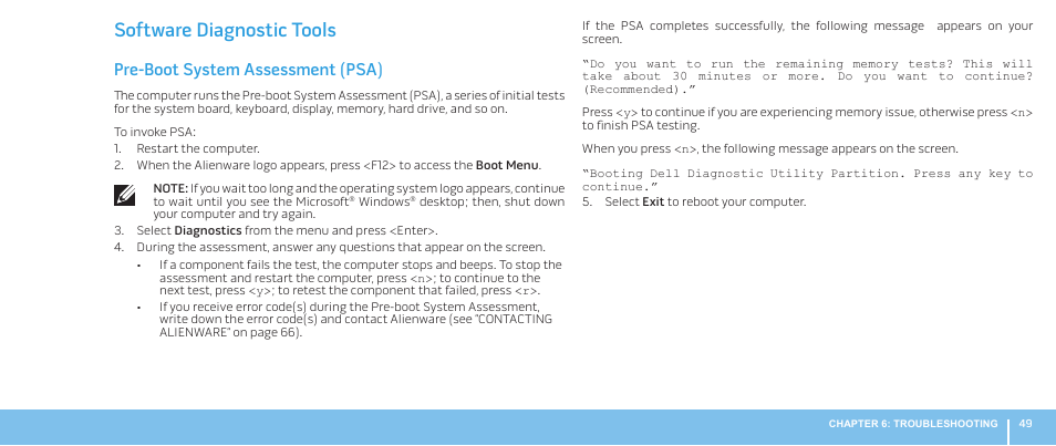 Software diagnostic tools, Pre-boot system assessment (psa) | Dell Alienware Aurora (Late 2009) User Manual | Page 49 / 68