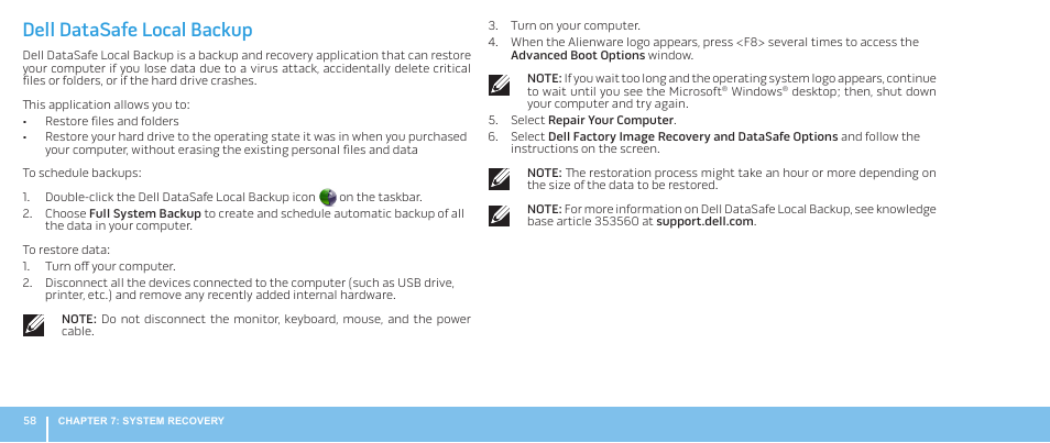 Dell datasafe local backup | Dell Alienware Aurora (Late 2009) User Manual | Page 58 / 68