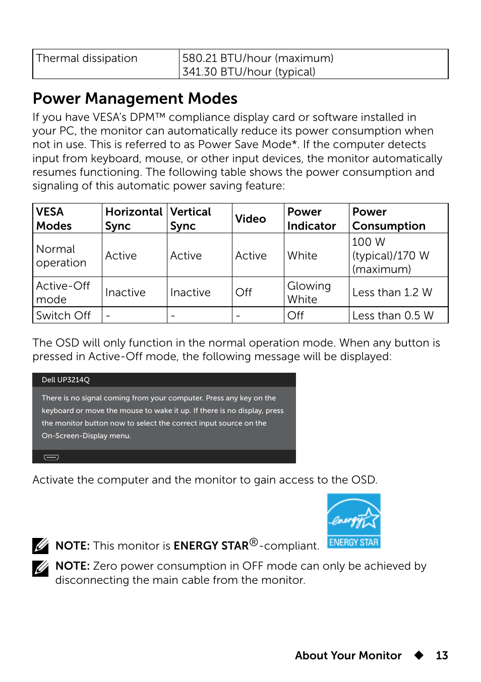 Power management modes | Dell UP3214Q Monitor User Manual | Page 13 / 75