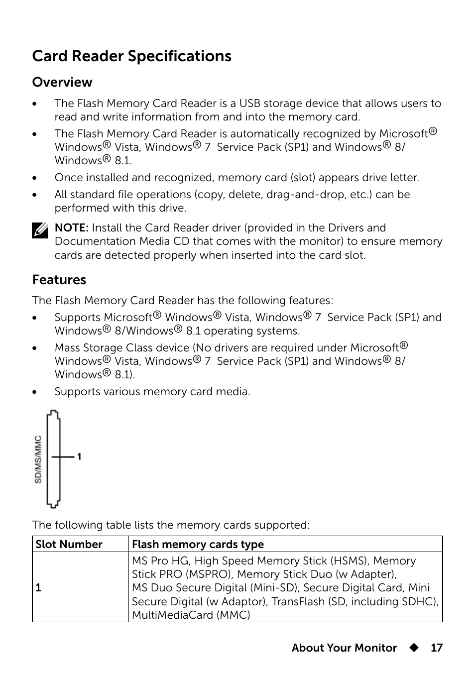 Card reader specifications, Overview, Features | Dell UP3214Q Monitor User Manual | Page 17 / 75