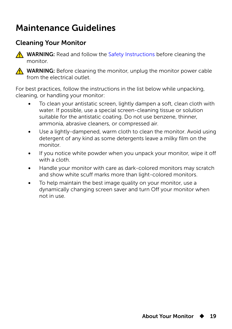 Maintenance guidelines, Cleaning your monitor | Dell UP3214Q Monitor User Manual | Page 19 / 75