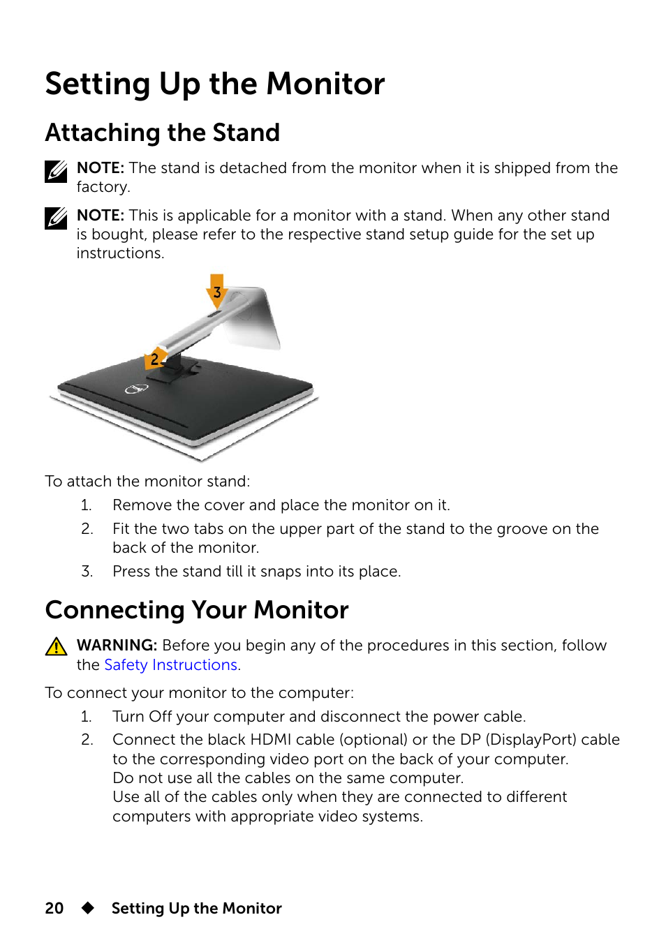 Setting up the monitor, Attaching the stand, Connecting your monitor | Attaching the stand connecting your monitor | Dell UP3214Q Monitor User Manual | Page 20 / 75