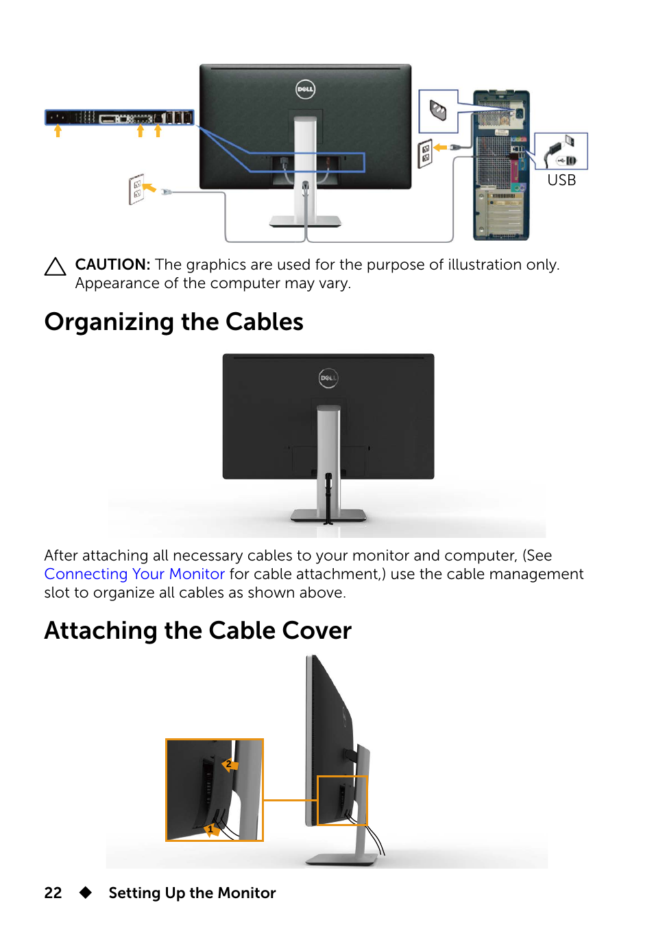 Organizing the cables, Attaching the cable cover, Organizing the cables attaching the cable cover | Dell UP3214Q Monitor User Manual | Page 22 / 75