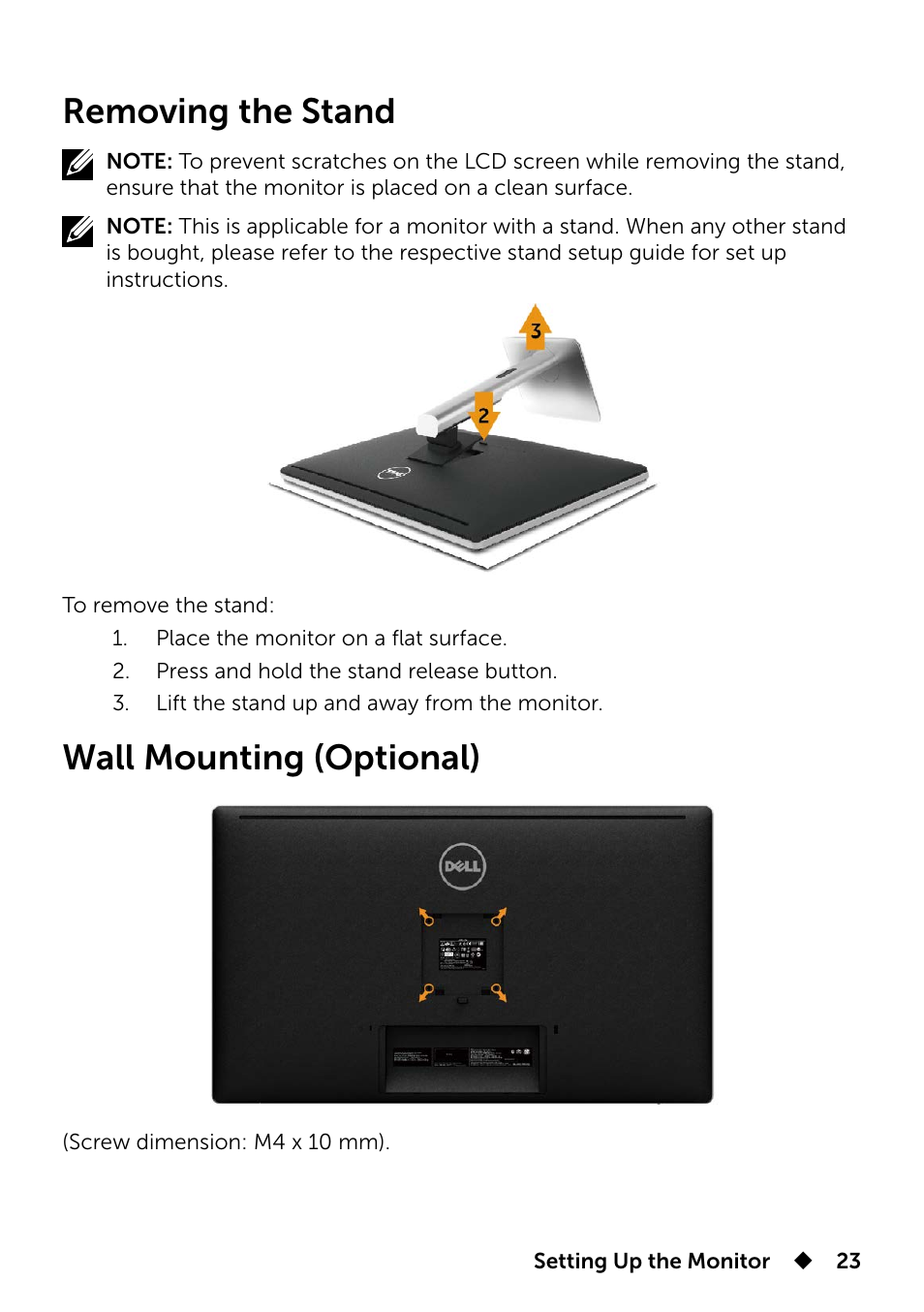 Removing the stand, Wall mounting (optional), Removing the stand wall mounting (optional) | Dell UP3214Q Monitor User Manual | Page 23 / 75