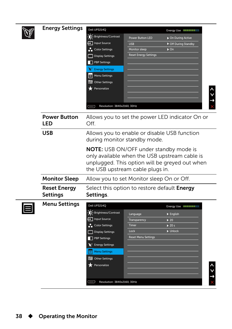 38  operating the monitor energy settings | Dell UP3214Q Monitor User Manual | Page 38 / 75