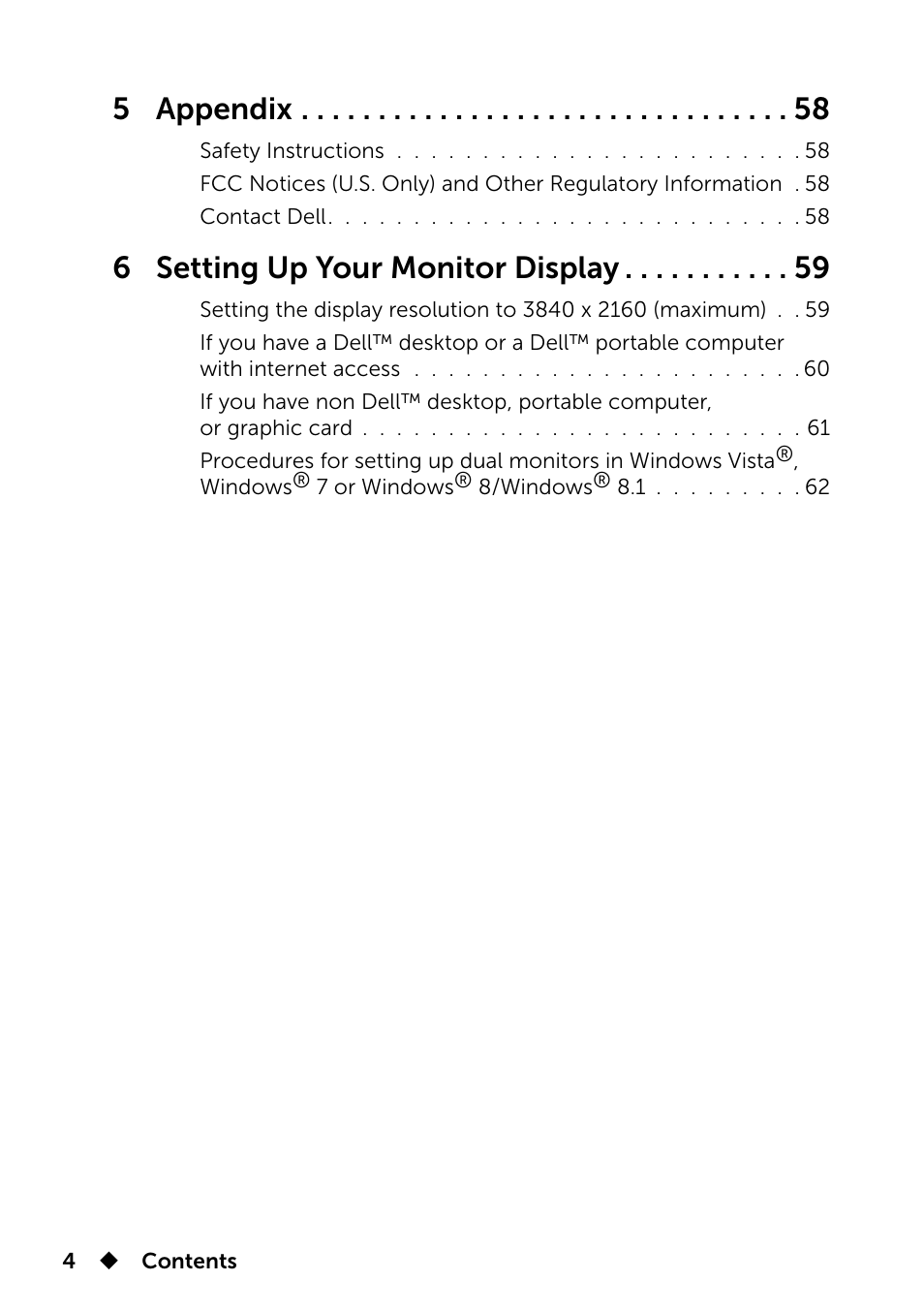 5 appendix, 6 setting up your monitor display | Dell UP3214Q Monitor User Manual | Page 4 / 75