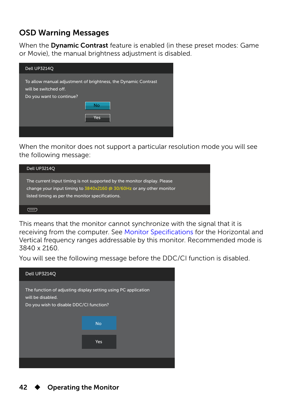 Osd warning messages, 42  operating the monitor | Dell UP3214Q Monitor User Manual | Page 42 / 75