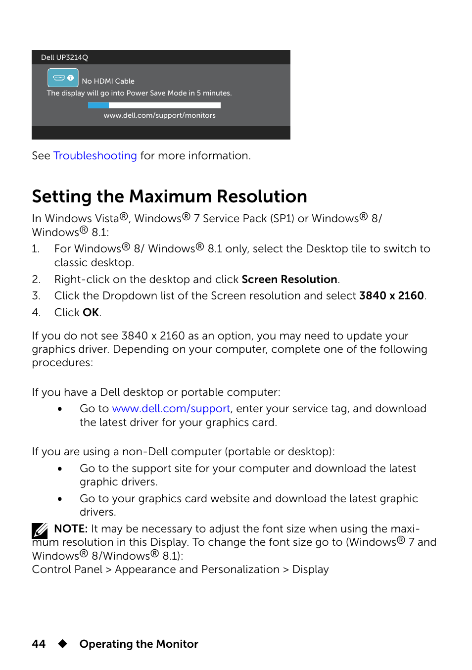 Setting the maximum resolution | Dell UP3214Q Monitor User Manual | Page 44 / 75