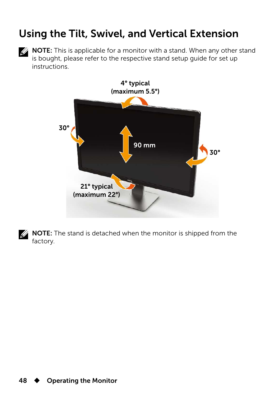 Using the tilt, swivel, and vertical extension | Dell UP3214Q Monitor User Manual | Page 48 / 75