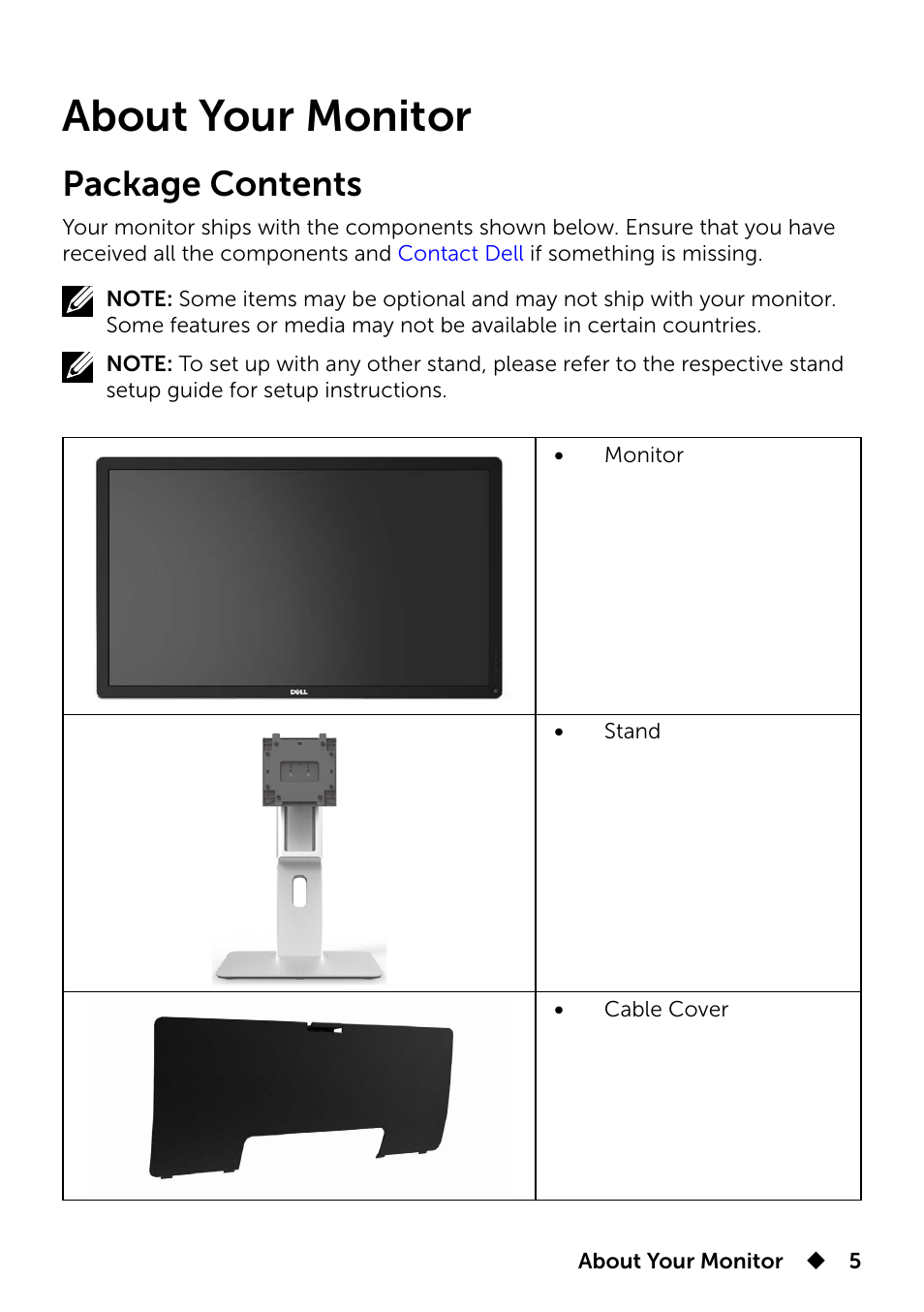 About your monitor, Package contents | Dell UP3214Q Monitor User Manual | Page 5 / 75