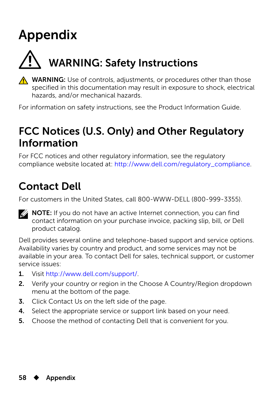 Appendix, Warning: safety instructions, Contact dell | Dell UP3214Q Monitor User Manual | Page 58 / 75