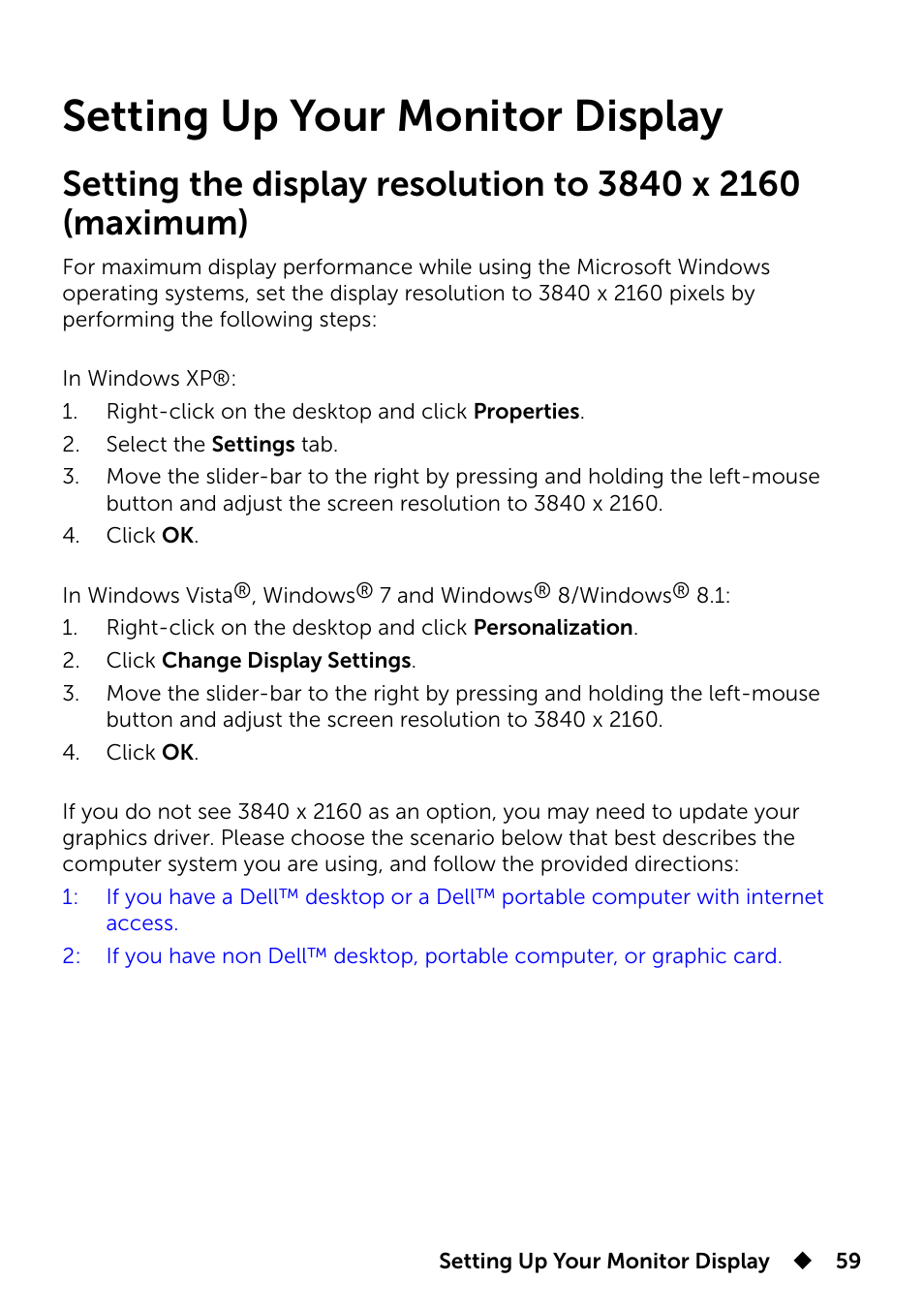 Setting up your monitor display | Dell UP3214Q Monitor User Manual | Page 59 / 75