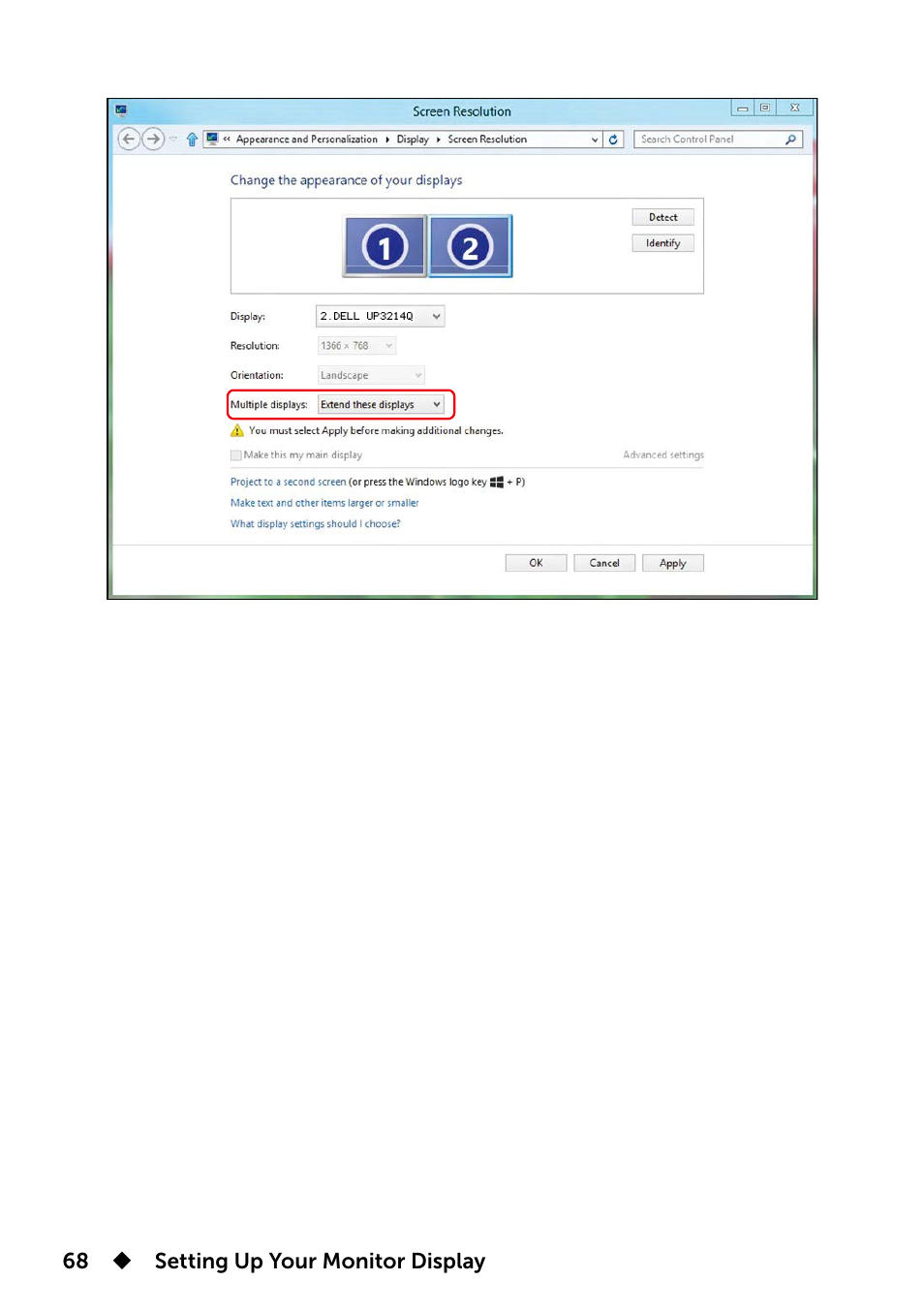 68  setting up your monitor display | Dell UP3214Q Monitor User Manual | Page 68 / 75